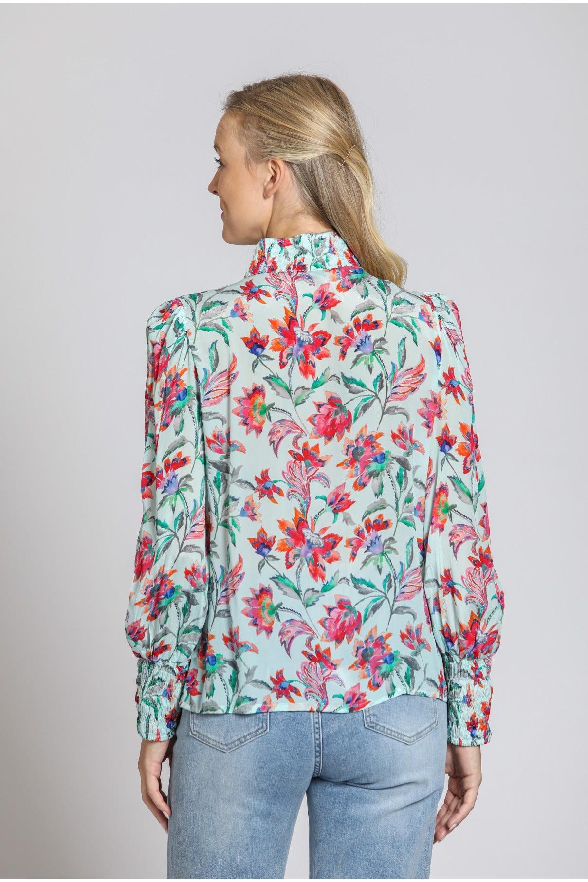 APNY Puff Sleeve Blouse with Ruched Detail – Turquoise Multi-Tops-APNY-Deja Nu Boutique, Women's Fashion Boutique in Lampasas, Texas