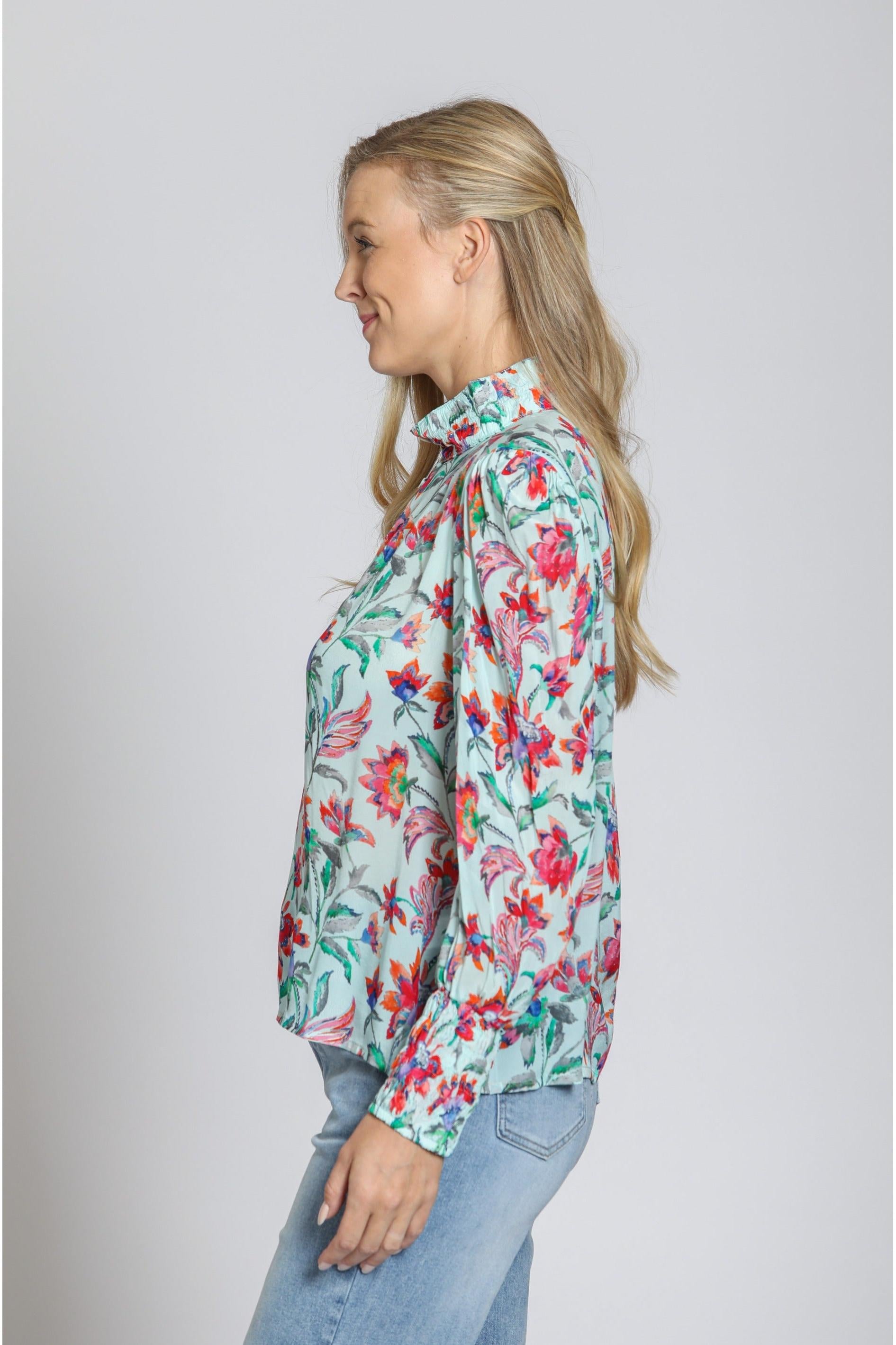 APNY Puff Sleeve Blouse with Ruched Detail – Turquoise Multi-Tops-APNY-Deja Nu Boutique, Women's Fashion Boutique in Lampasas, Texas