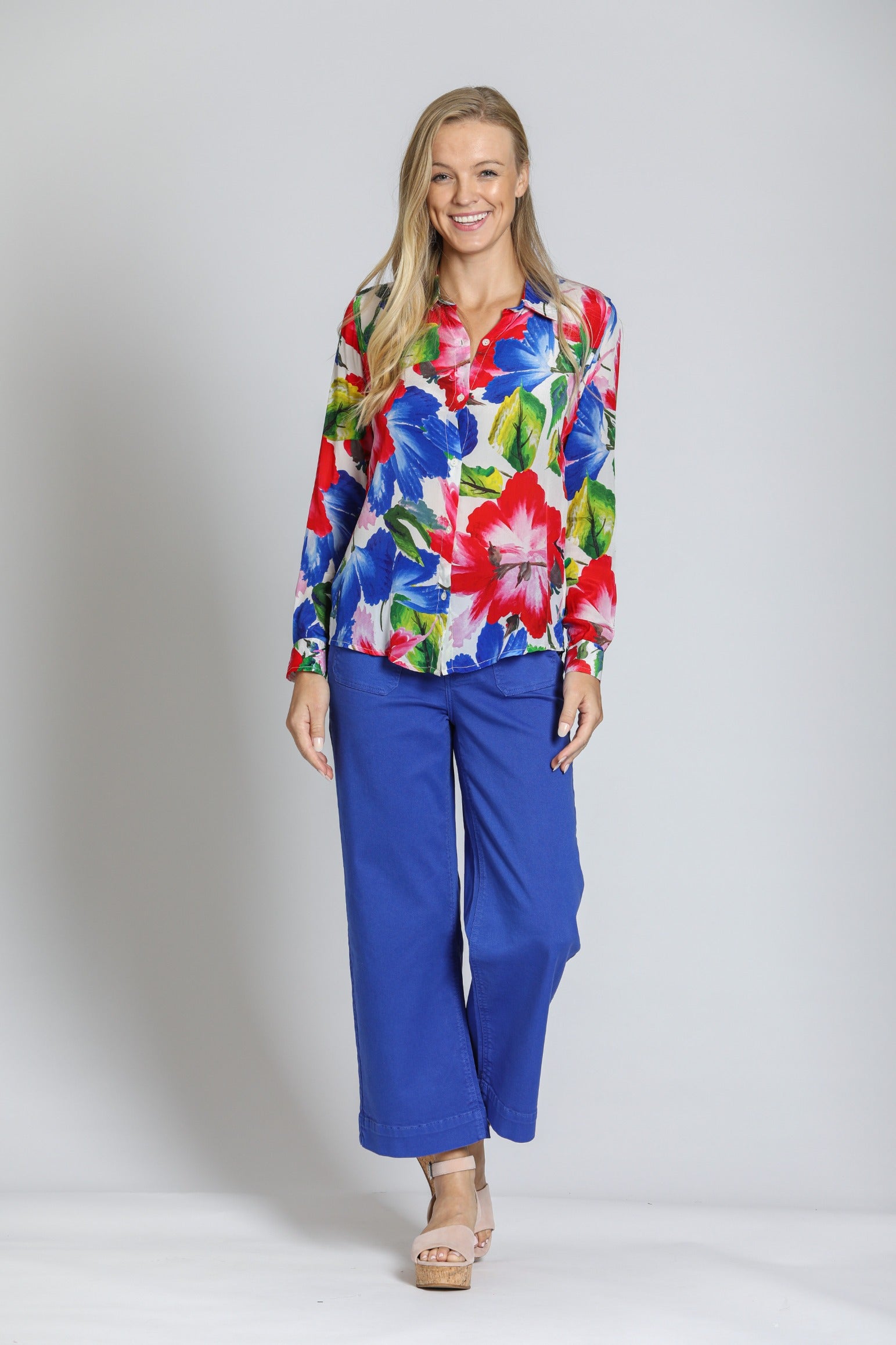 APNY Red Multi Button-Up With Roll-Up Sleeve-shirts-APNY-Deja Nu Boutique, Women's Fashion Boutique in Lampasas, Texas