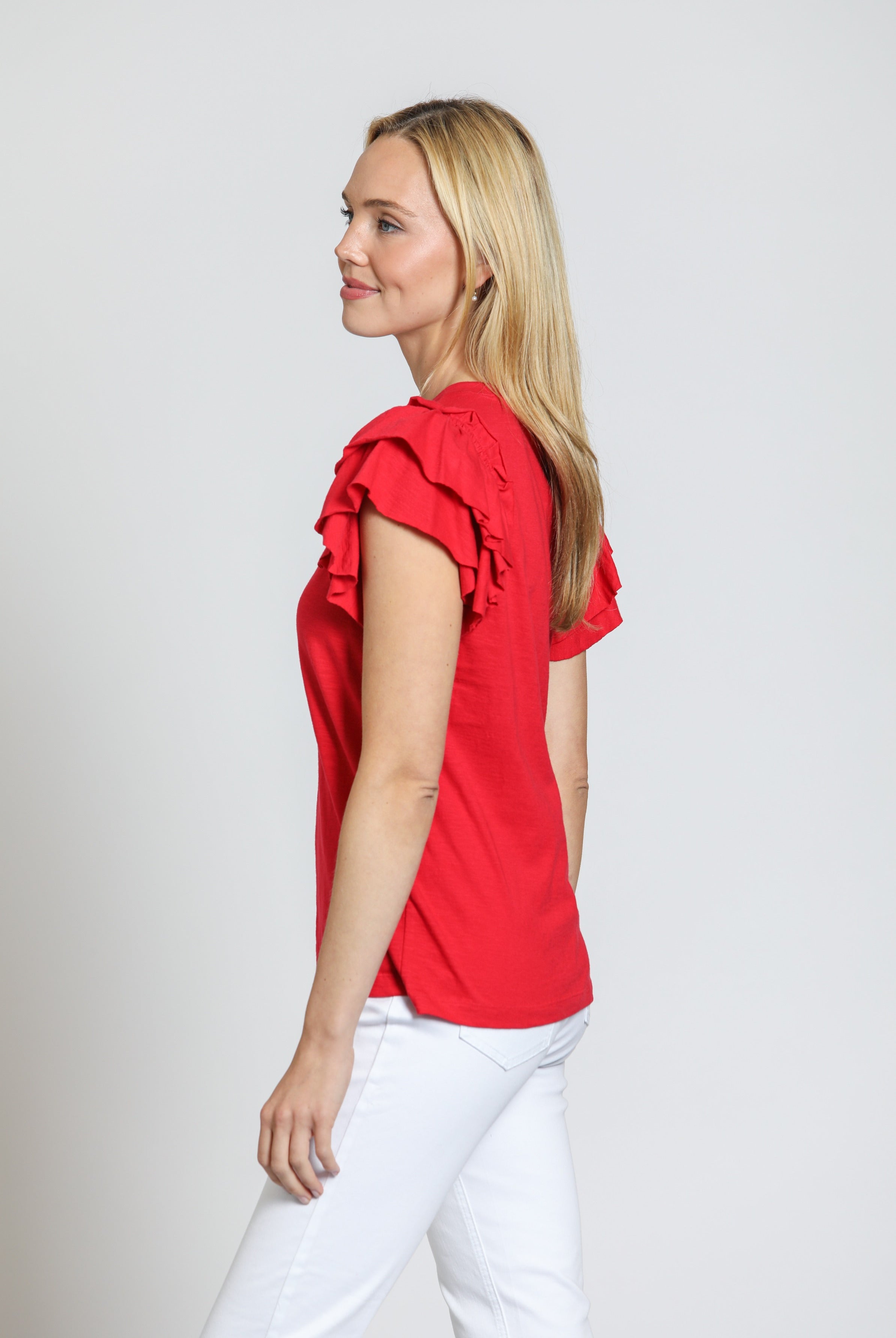 APNY Ruffle Cap Sleeve Tee - Rocco Red-Tops-APNY-Deja Nu Boutique, Women's Fashion Boutique in Lampasas, Texas
