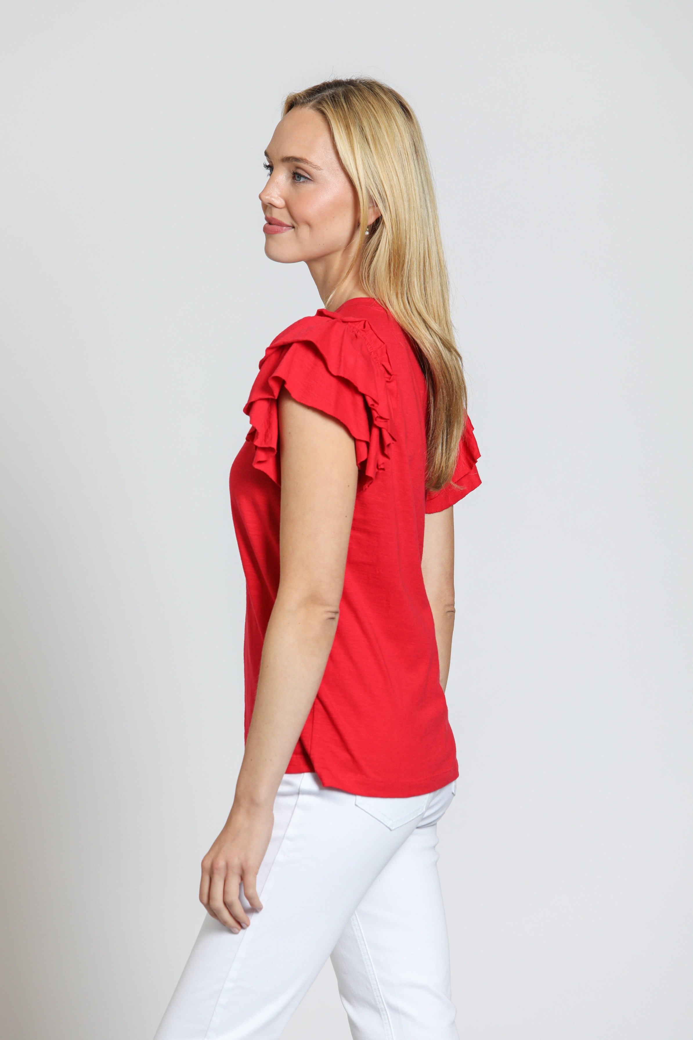 APNY Ruffle Cap Sleeve Tee - Rocco Red-Tops-APNY-Deja Nu Boutique, Women's Fashion Boutique in Lampasas, Texas