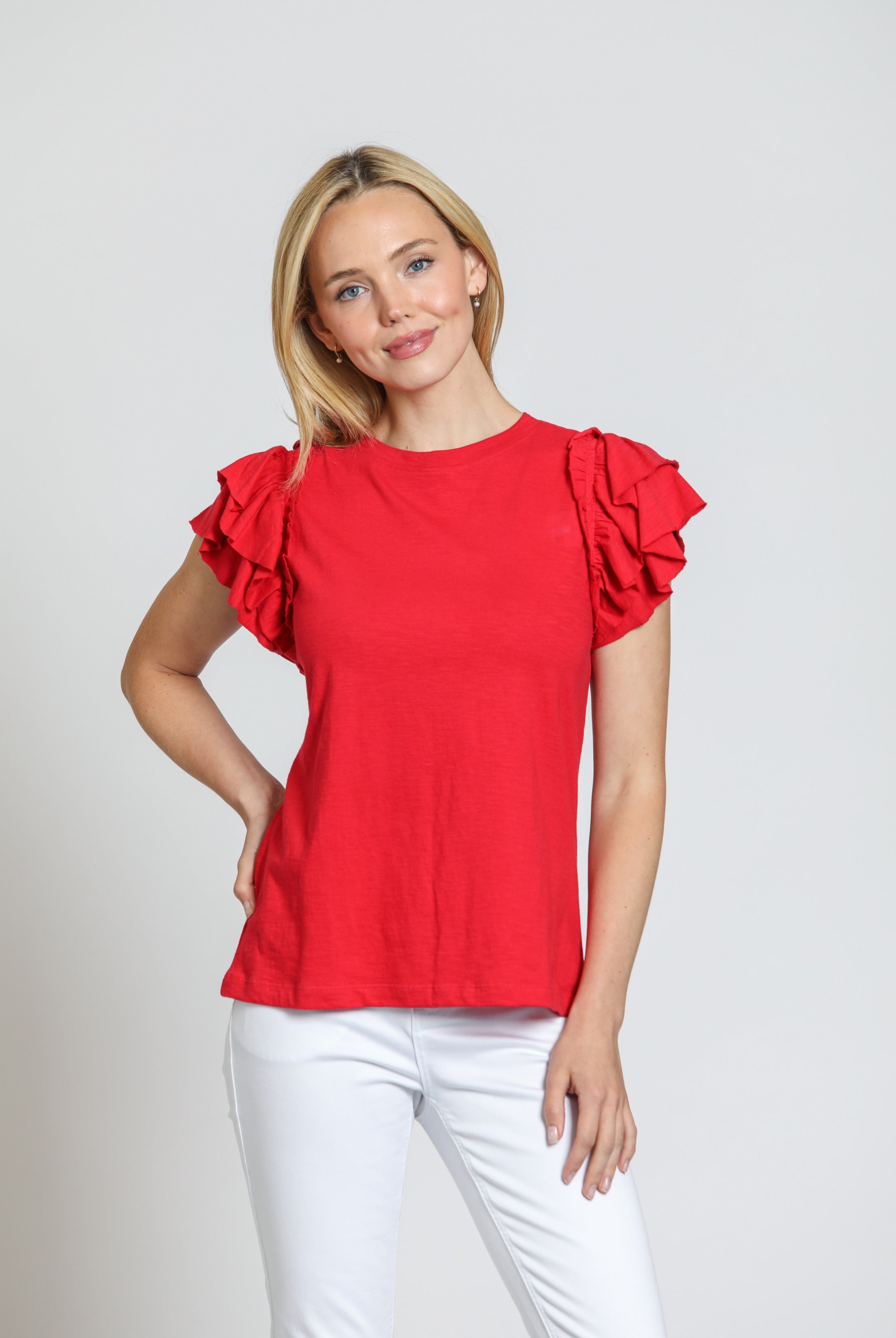 APNY Ruffle Cap Sleeve Tee - Rocco Red-Tops-APNY-Deja Nu Boutique, Women's Fashion Boutique in Lampasas, Texas