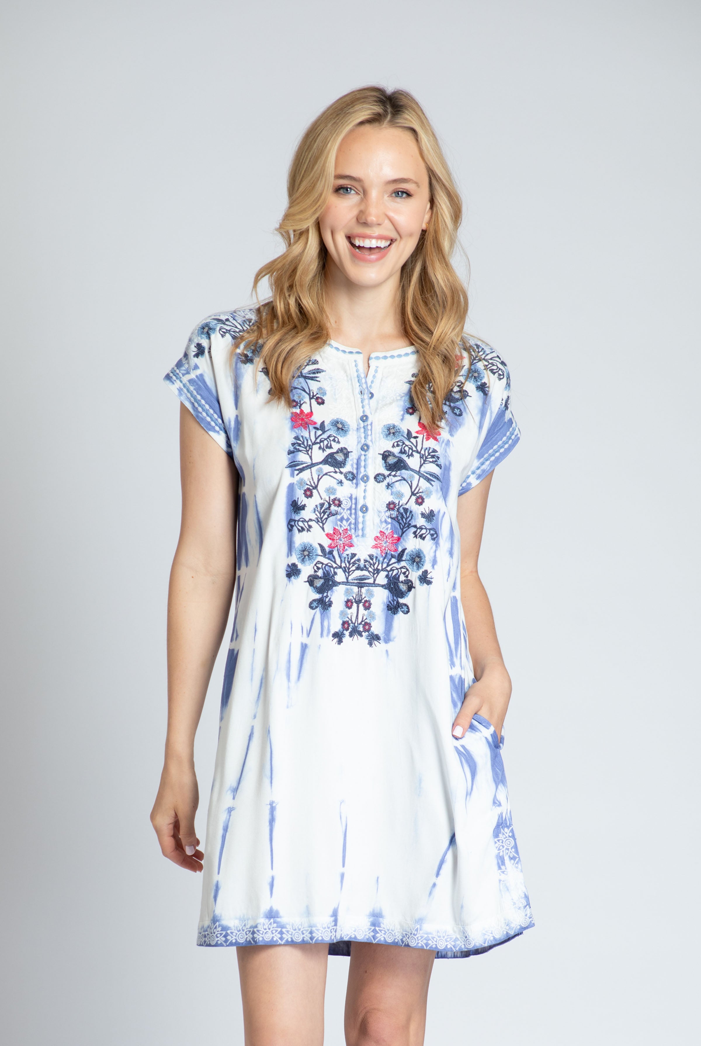 APNY Short Sleeve Indigo Tie-Dye Dress With Bird Embroidery-Dresses-APNY-Deja Nu Boutique, Women's Fashion Boutique in Lampasas, Texas