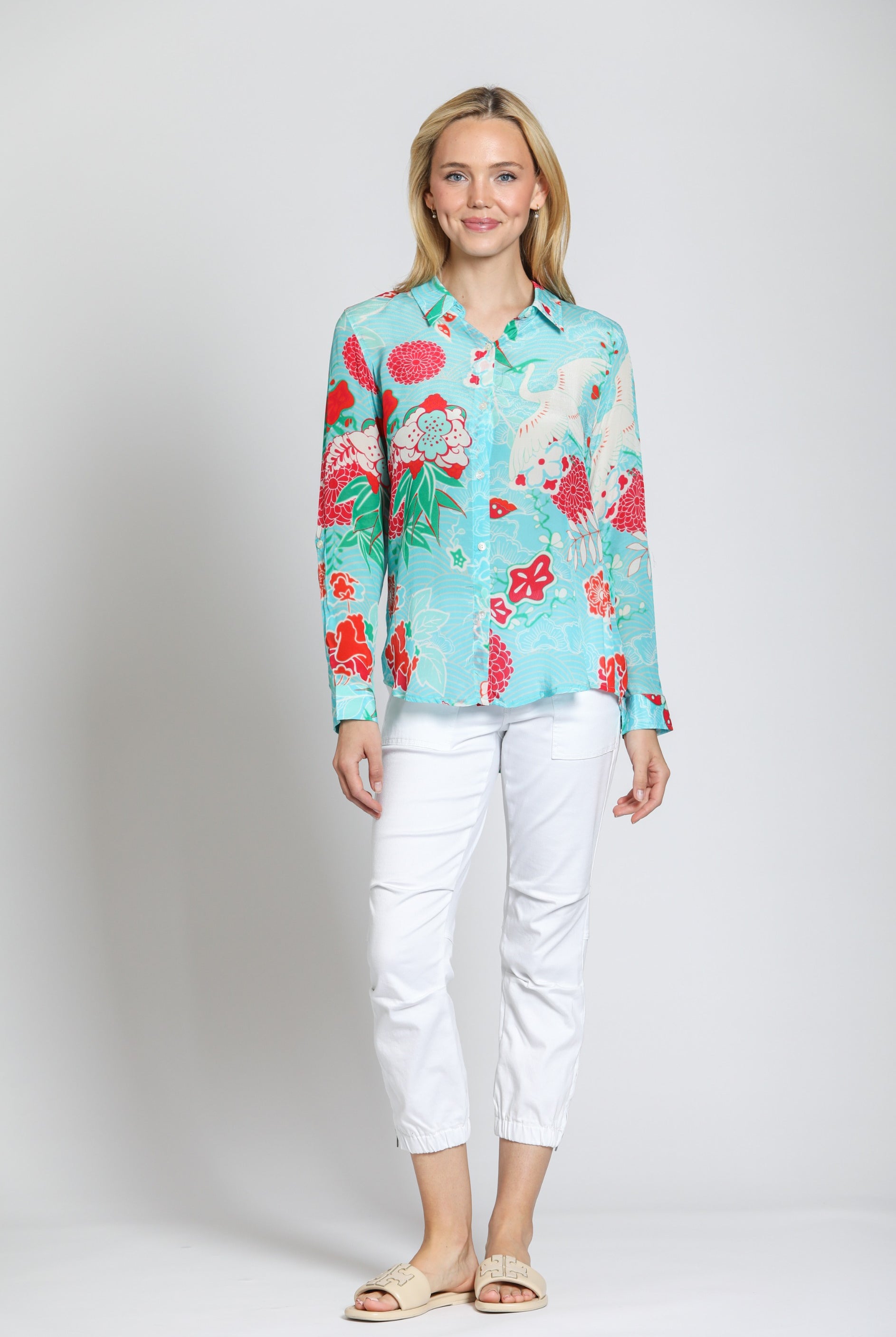 APNY Turquoise Multi Button-Up Shirt with Roll-Up Sleeve-Tops-APNY-Deja Nu Boutique, Women's Fashion Boutique in Lampasas, Texas