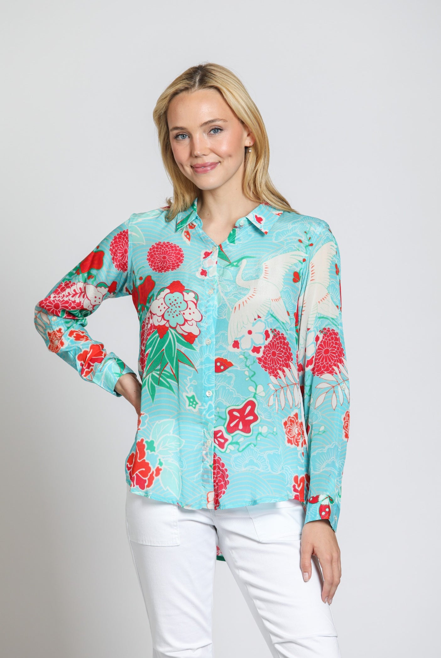 APNY Turquoise Multi Button-Up Shirt with Roll-Up Sleeve-Tops-APNY-Deja Nu Boutique, Women's Fashion Boutique in Lampasas, Texas