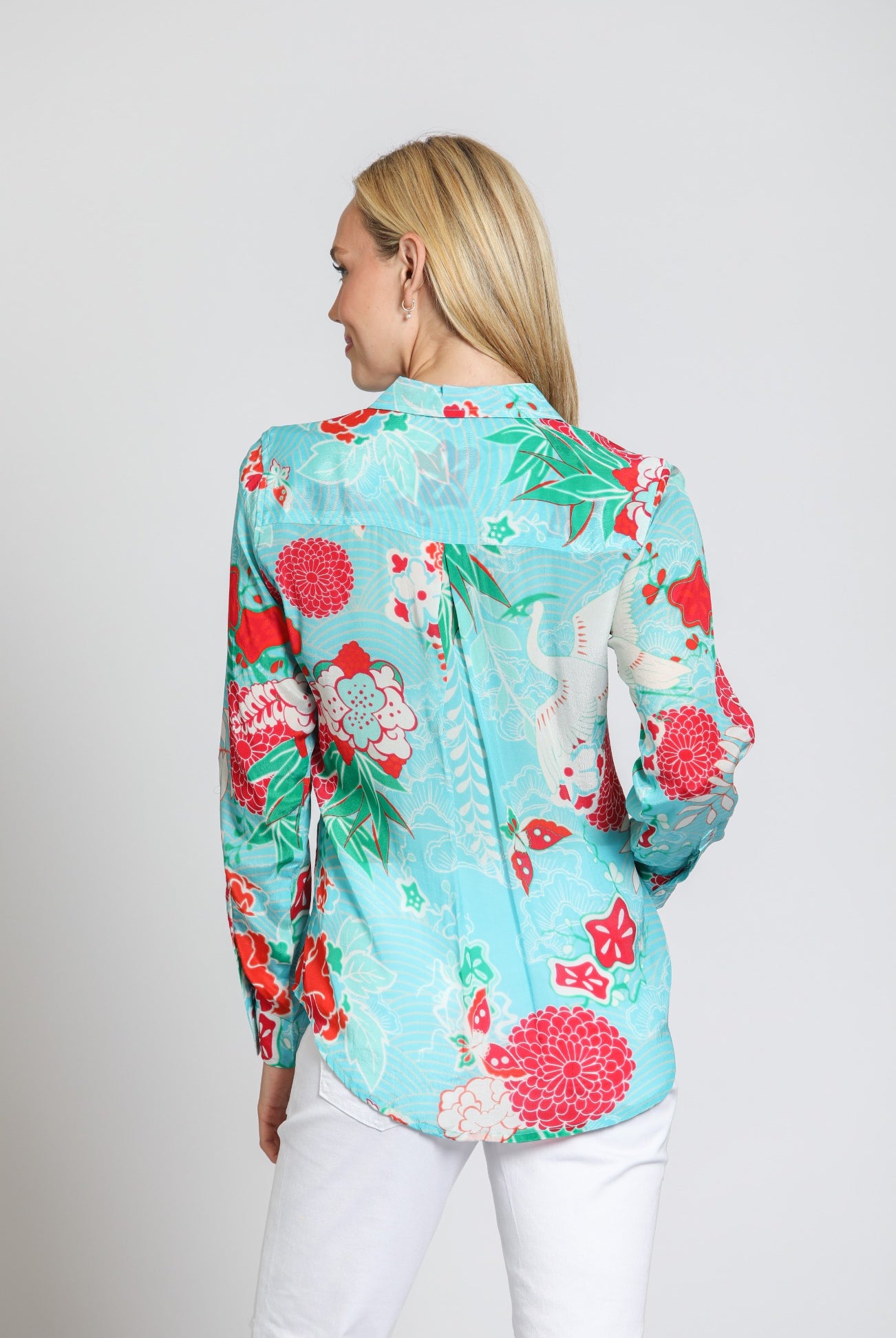 APNY Turquoise Multi Button-Up Shirt with Roll-Up Sleeve-Tops-APNY-Deja Nu Boutique, Women's Fashion Boutique in Lampasas, Texas