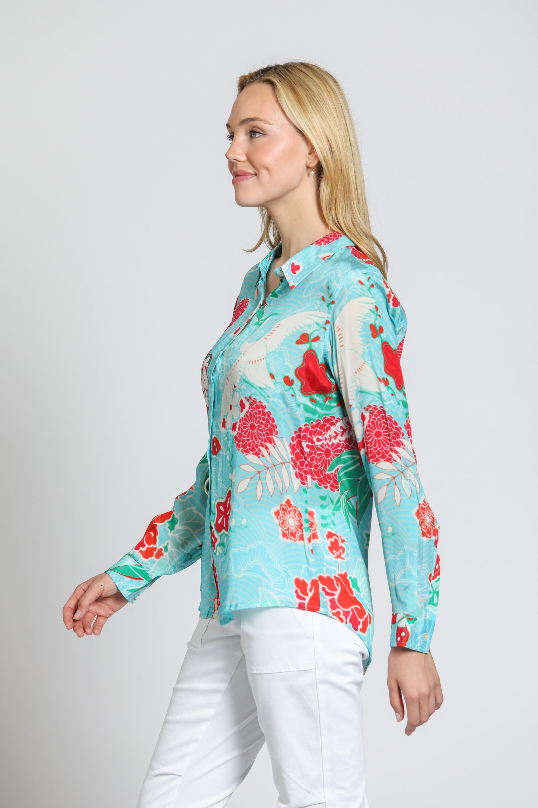 APNY Turquoise Multi Button-Up Shirt with Roll-Up Sleeve-Tops-APNY-Deja Nu Boutique, Women's Fashion Boutique in Lampasas, Texas