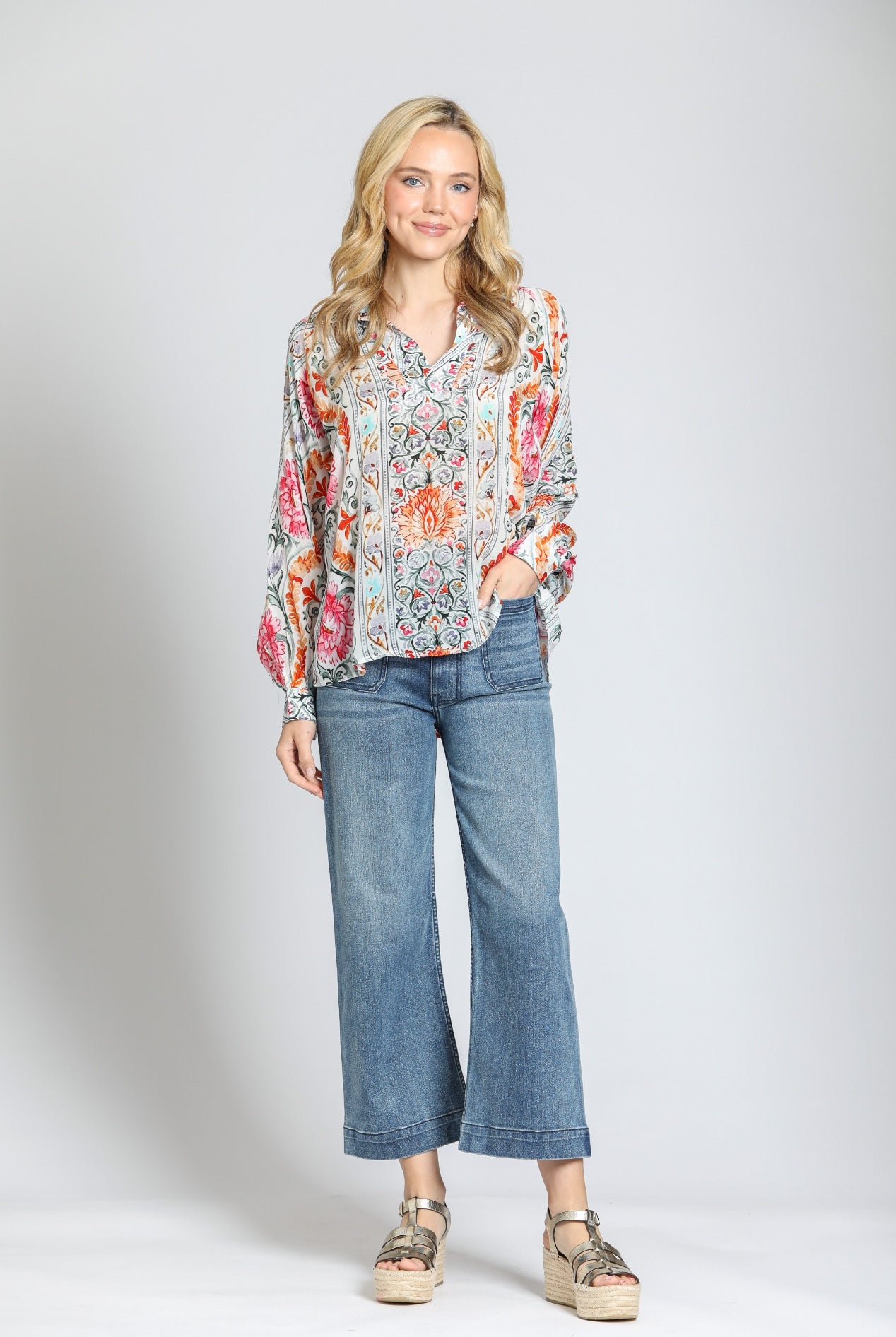 APNY Half-Placket Pullover Blouse – Pink Multi-Tops-APNY-Deja Nu Boutique, Women's Fashion Boutique in Lampasas, Texas