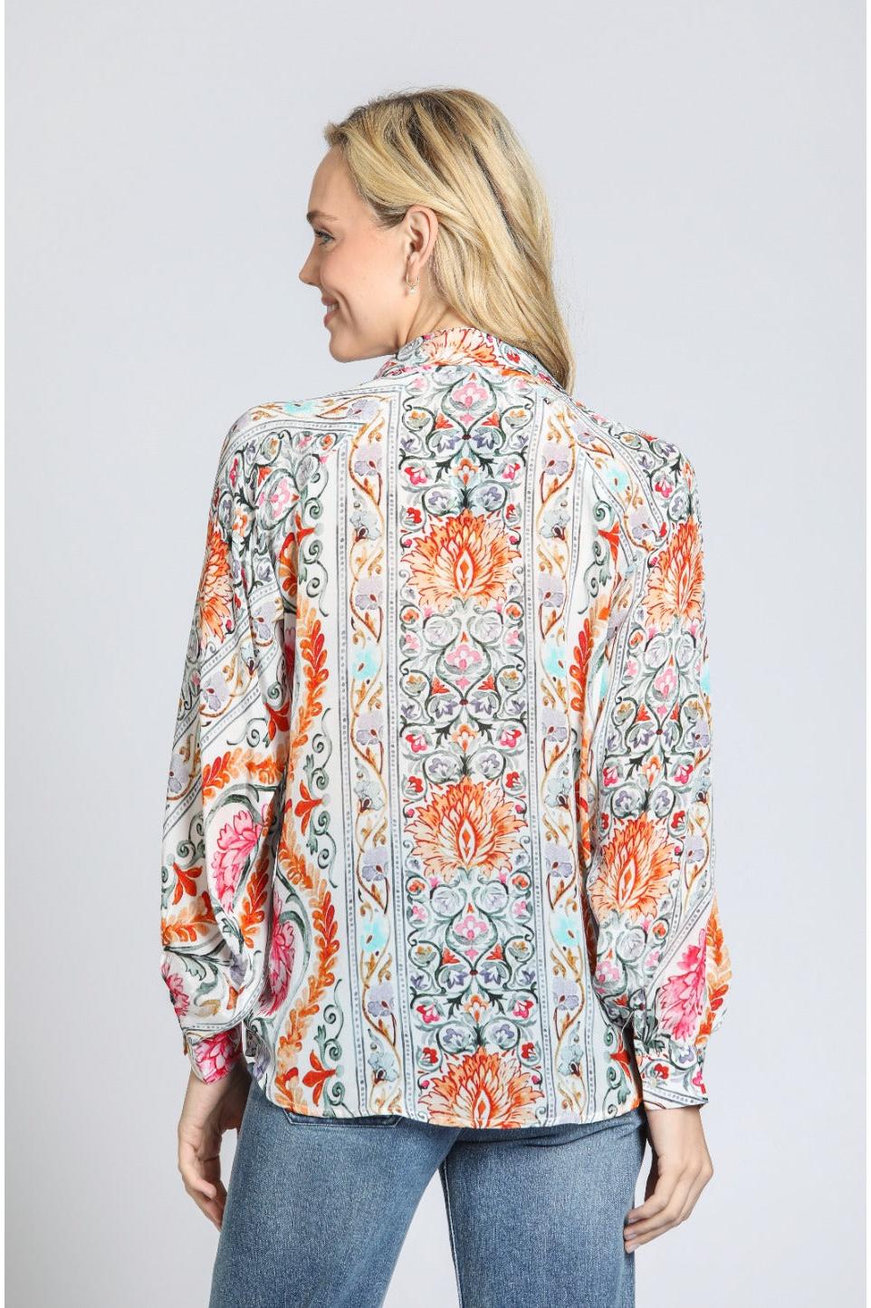 APNY Half-Placket Pullover Blouse – Pink Multi-Tops-APNY-Deja Nu Boutique, Women's Fashion Boutique in Lampasas, Texas