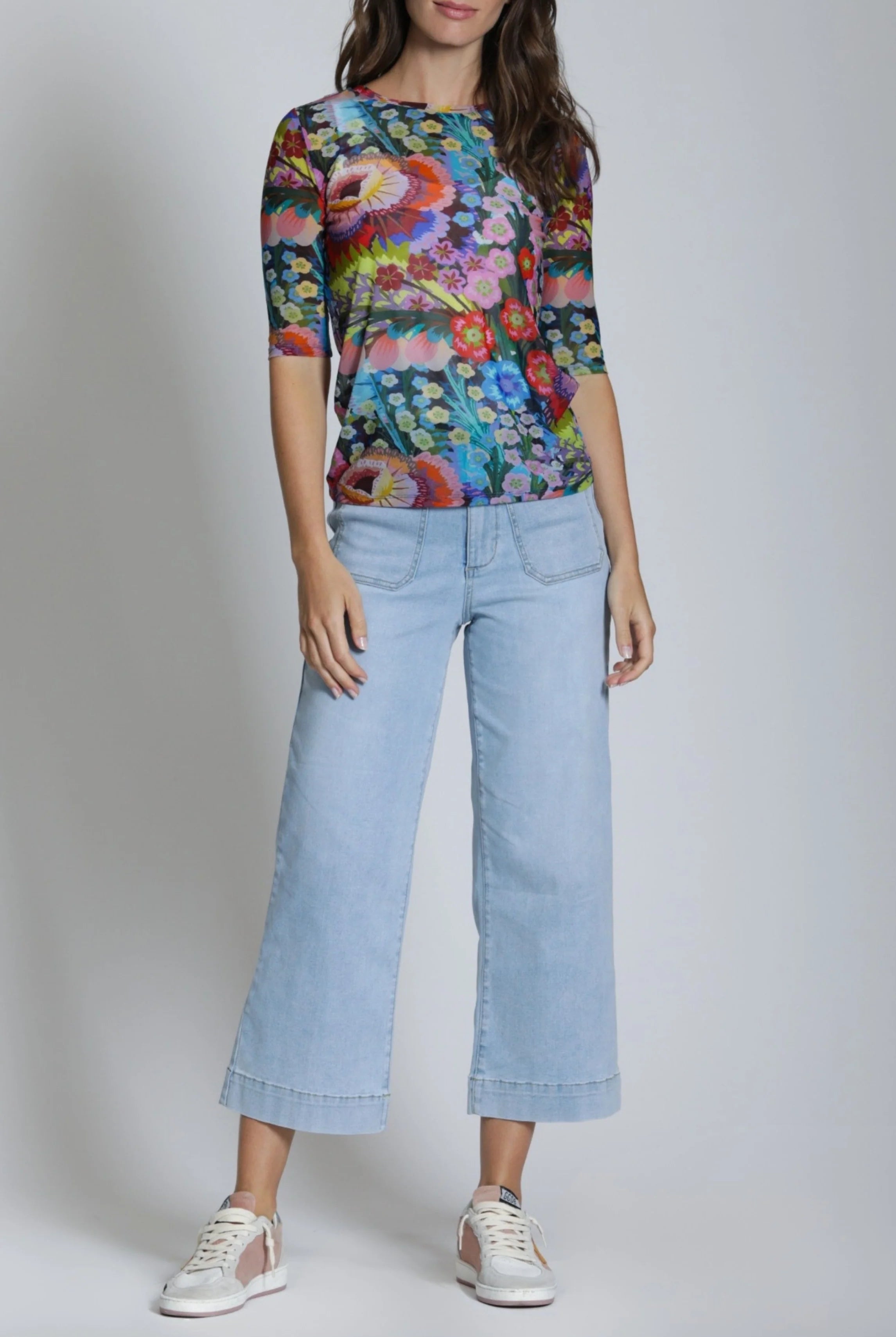 APNY Printed Mesh Top with Elbow Sleeves Blue Multi-Tops-APNY-Deja Nu Boutique, Women's Fashion Boutique in Lampasas, Texas