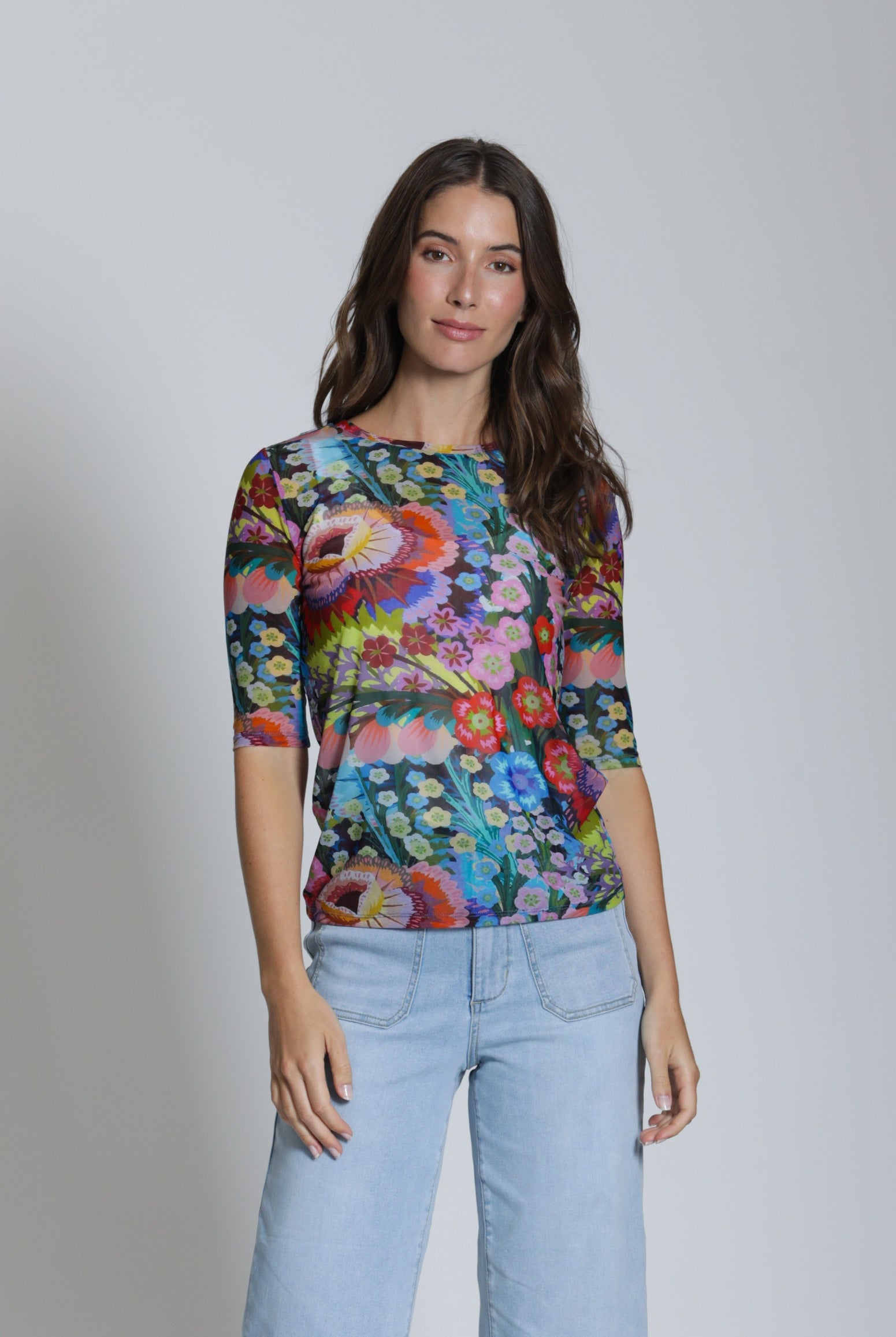 APNY Printed Mesh Top with Elbow Sleeves Blue Multi-Tops-APNY-Deja Nu Boutique, Women's Fashion Boutique in Lampasas, Texas