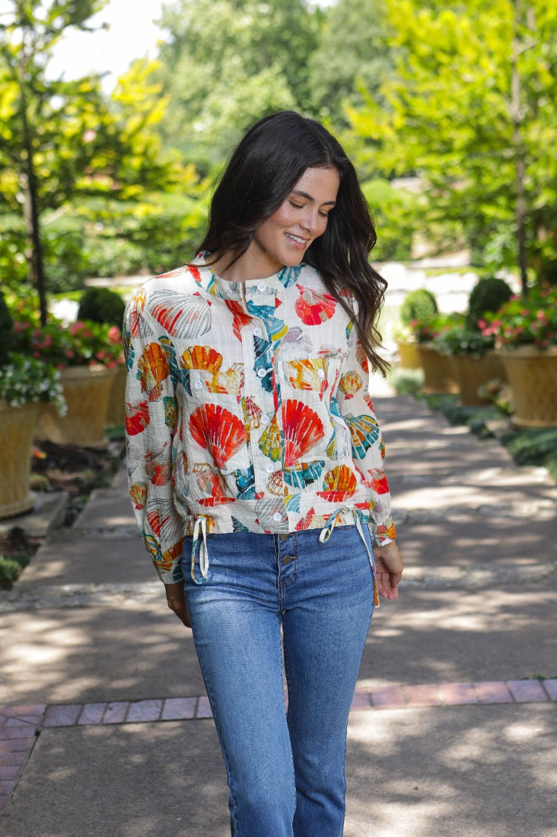 APNY Seashell Print Woven Shirt – Hot Coral Multi-Tops-APNY-Deja Nu Boutique, Women's Fashion Boutique in Lampasas, Texas