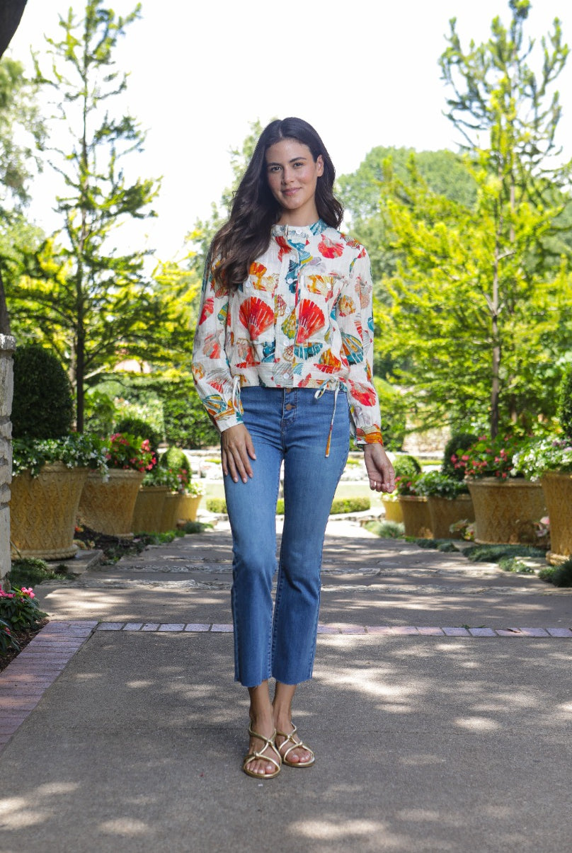 APNY Seashell Print Woven Shirt – Hot Coral Multi-Tops-APNY-Deja Nu Boutique, Women's Fashion Boutique in Lampasas, Texas