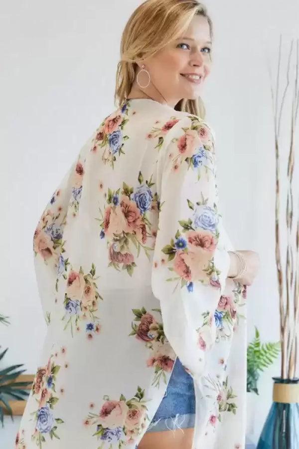 Adora Chiffon Floral Print Three Fourth Sleeve Kimono In Ivory And Blue-Cardigans & Kimonos-Adora-Deja Nu Boutique, Women's Fashion Boutique in Lampasas, Texas