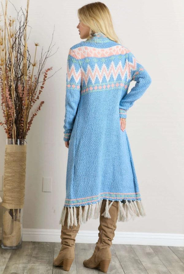Adora Sky Blue Pastel Tassel Tribal Cardigan-Cardigans & Kimonos-Adora-Deja Nu Boutique, Women's Fashion Boutique in Lampasas, Texas