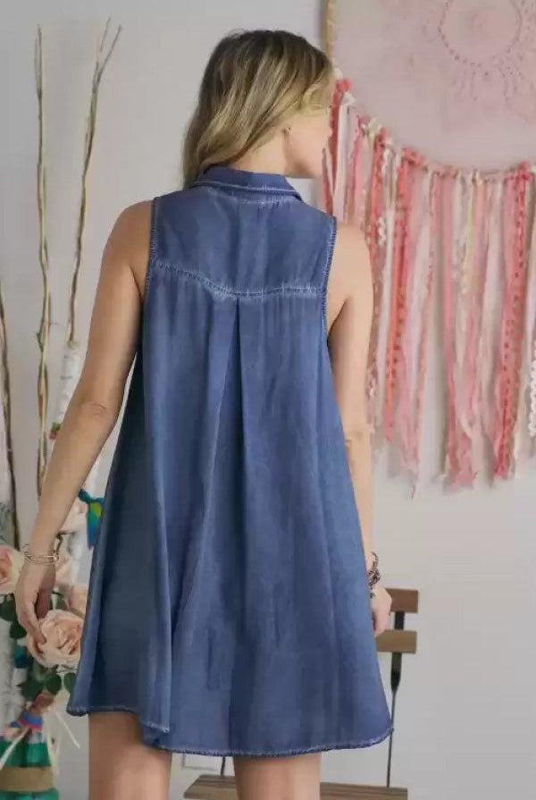 Adora Solid Denim Button Down Sleeveless Short Dress-Short Dresses-Adora-Deja Nu Boutique, Women's Fashion Boutique in Lampasas, Texas