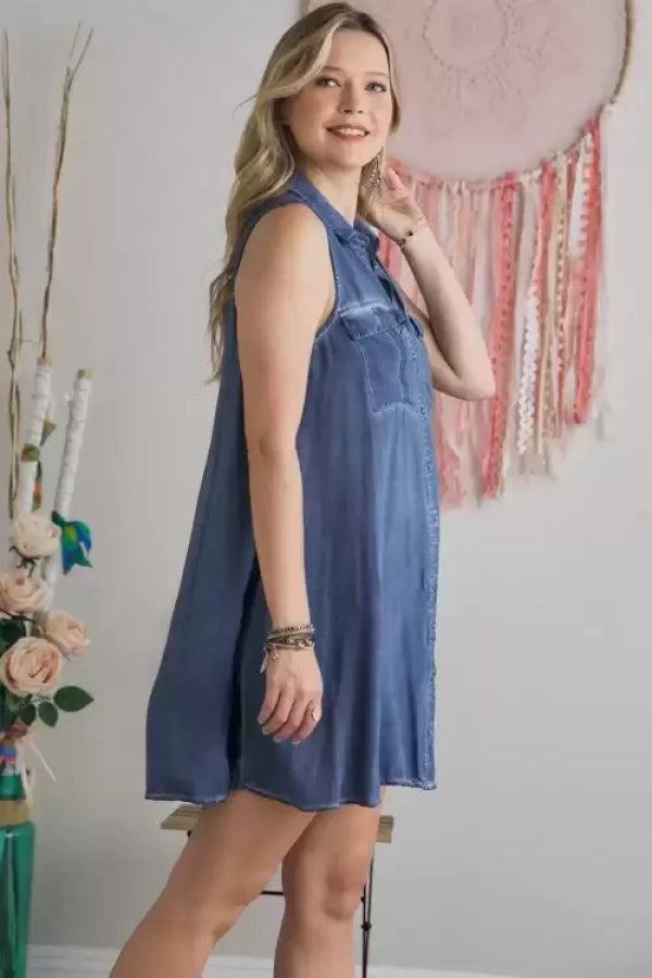 Adora Solid Denim Button Down Sleeveless Short Dress-Short Dresses-Adora-Deja Nu Boutique, Women's Fashion Boutique in Lampasas, Texas