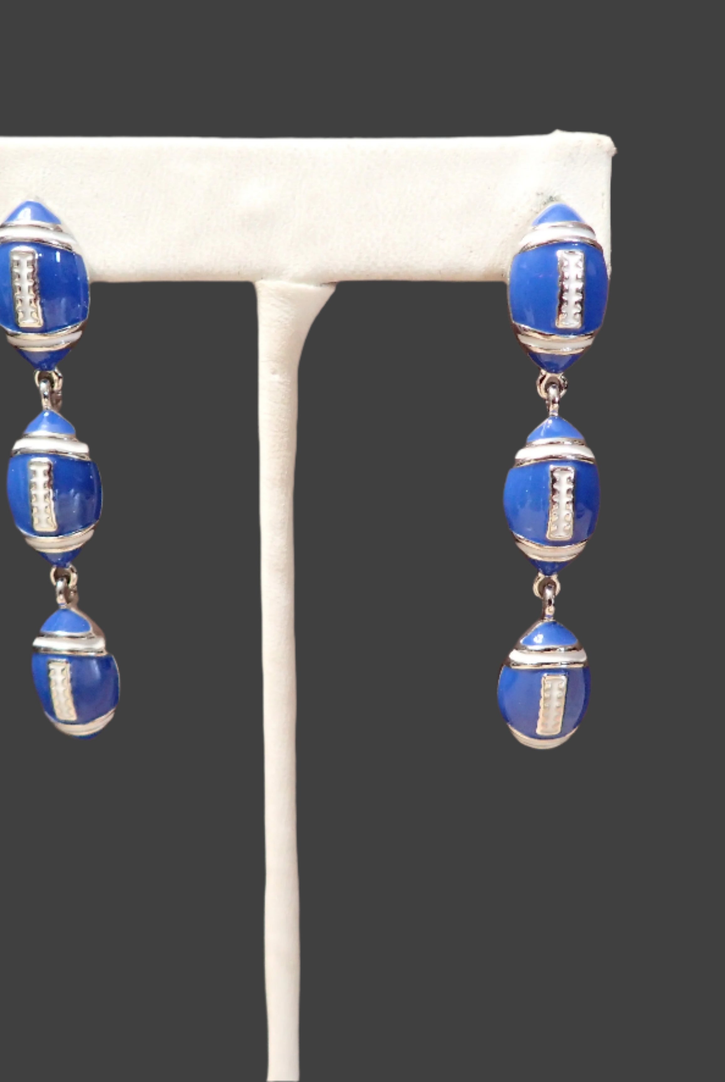 All That Glitterz Blue Triple Football Drop Earrings – Game Day Glam Statement Jewelry-Earrings-All That Glitterz-Deja Nu Boutique, Women's Fashion Boutique in Lampasas, Texas