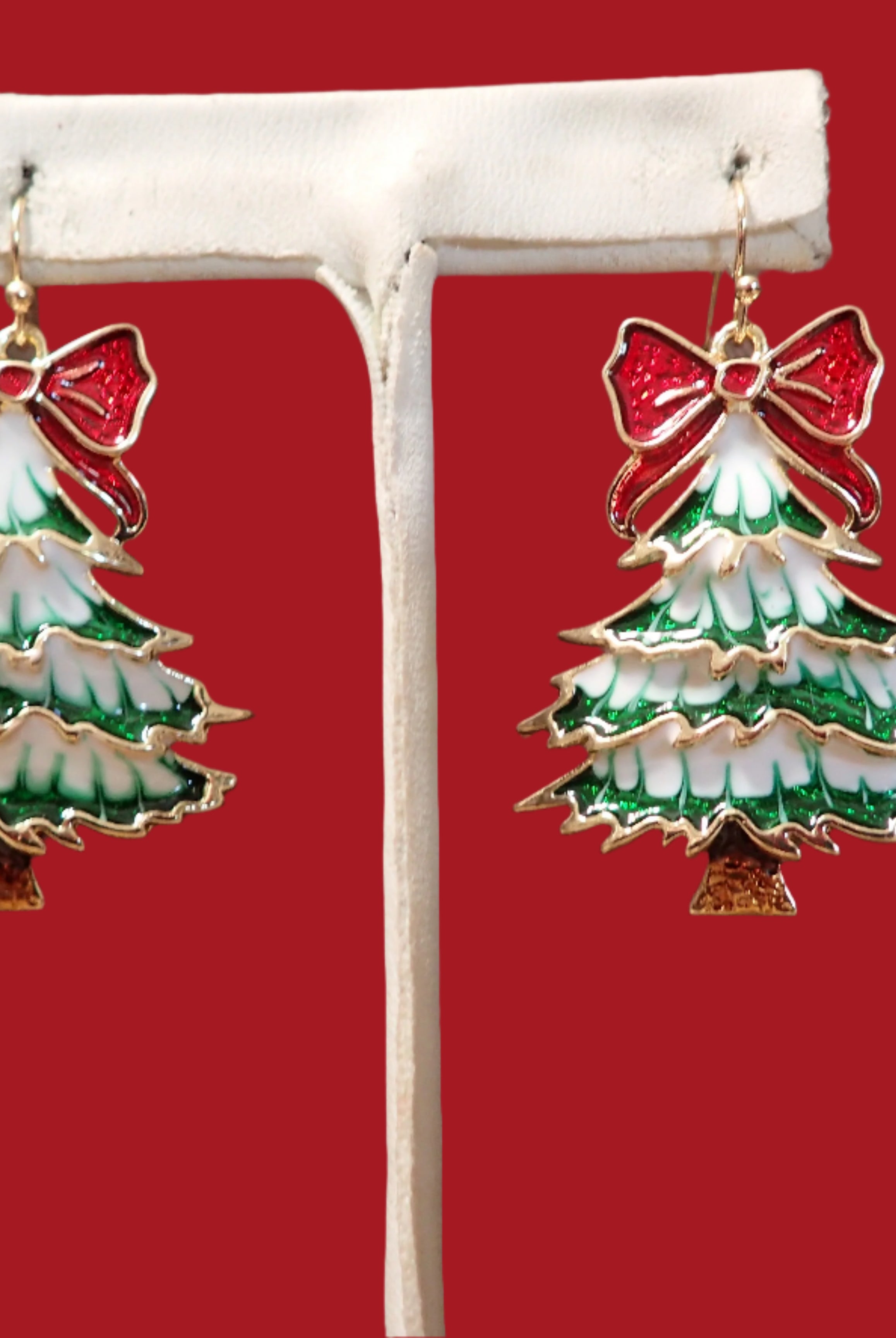 All That Glitterz Green Christmas Tree Earrings with Red Glitter Bow-Earrings-All That Glitterz-Deja Nu Boutique, Women's Fashion Boutique in Lampasas, Texas