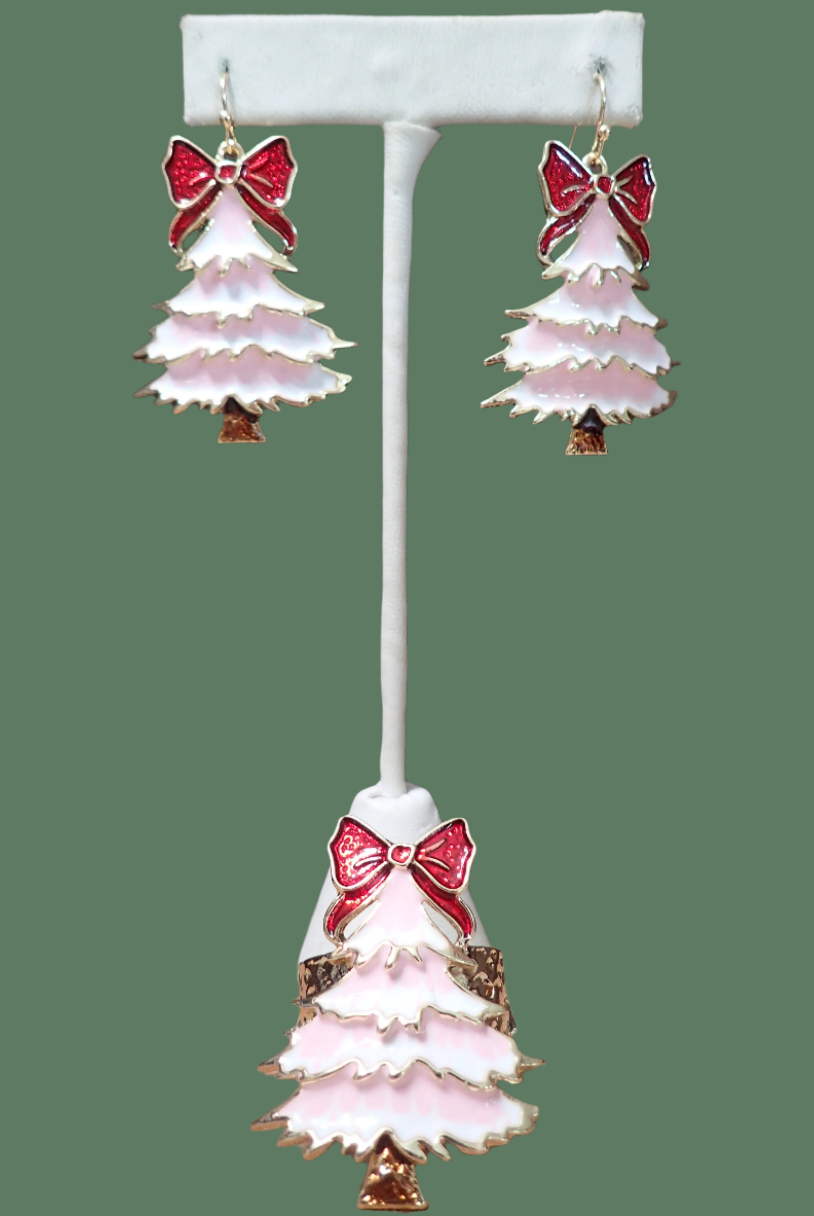 All That Glitterz Pink Enamel Christmas Tree Ring with Red Bow – Adjustable Holiday Jewelry-Rings-All That Glitterz-Deja Nu Boutique, Women's Fashion Boutique in Lampasas, Texas