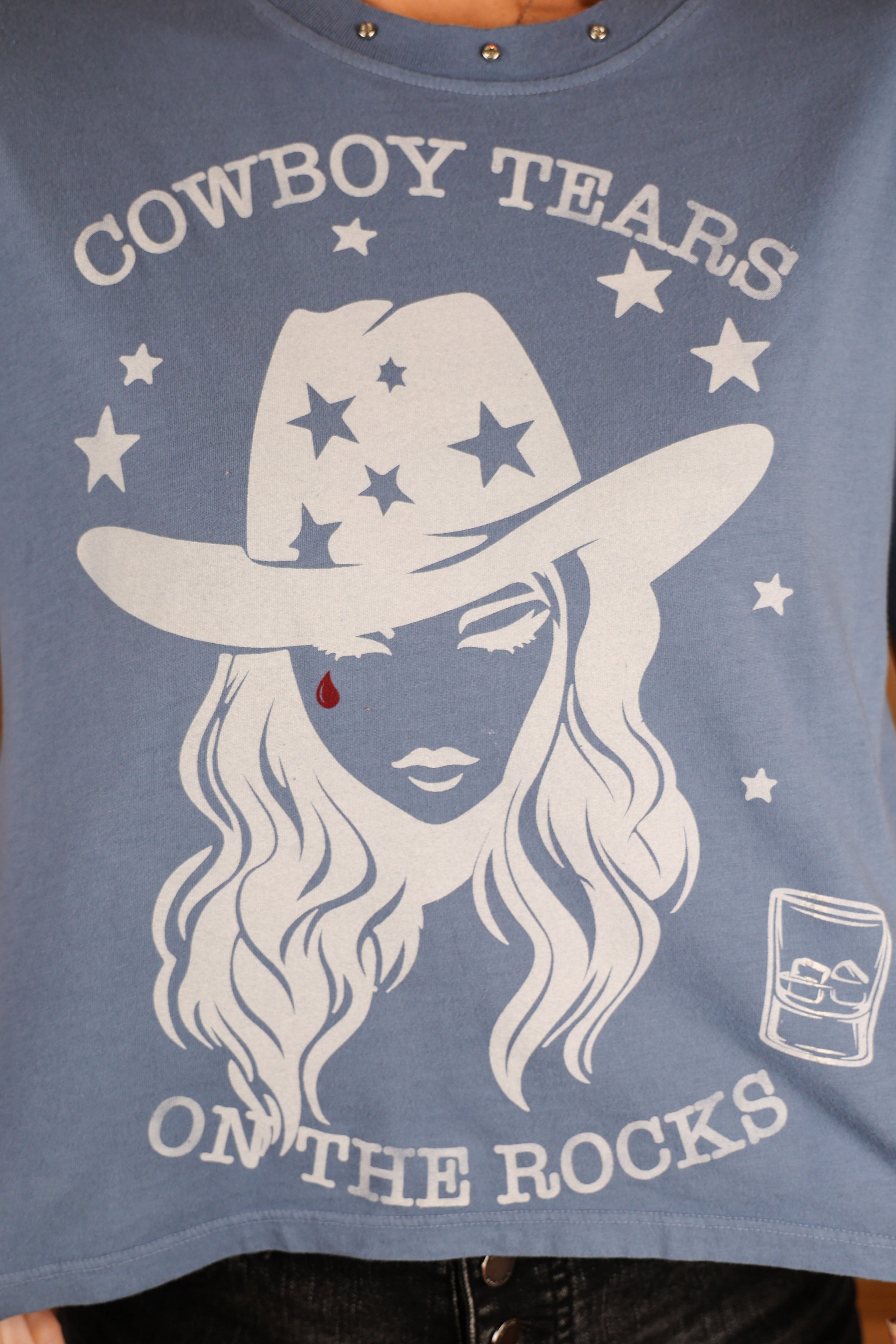 All Us Cowboy Tears Boy Tee In Dusty Blue Graphic Western T-Shirt-Tops-All Us-Deja Nu Boutique, Women's Fashion Boutique in Lampasas, Texas