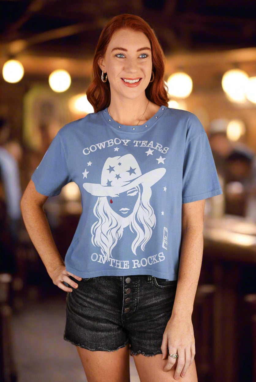All Us Cowboy Tears Boy Tee In Dusty Blue Graphic Western T-Shirt-Tops-All Us-Deja Nu Boutique, Women's Fashion Boutique in Lampasas, Texas