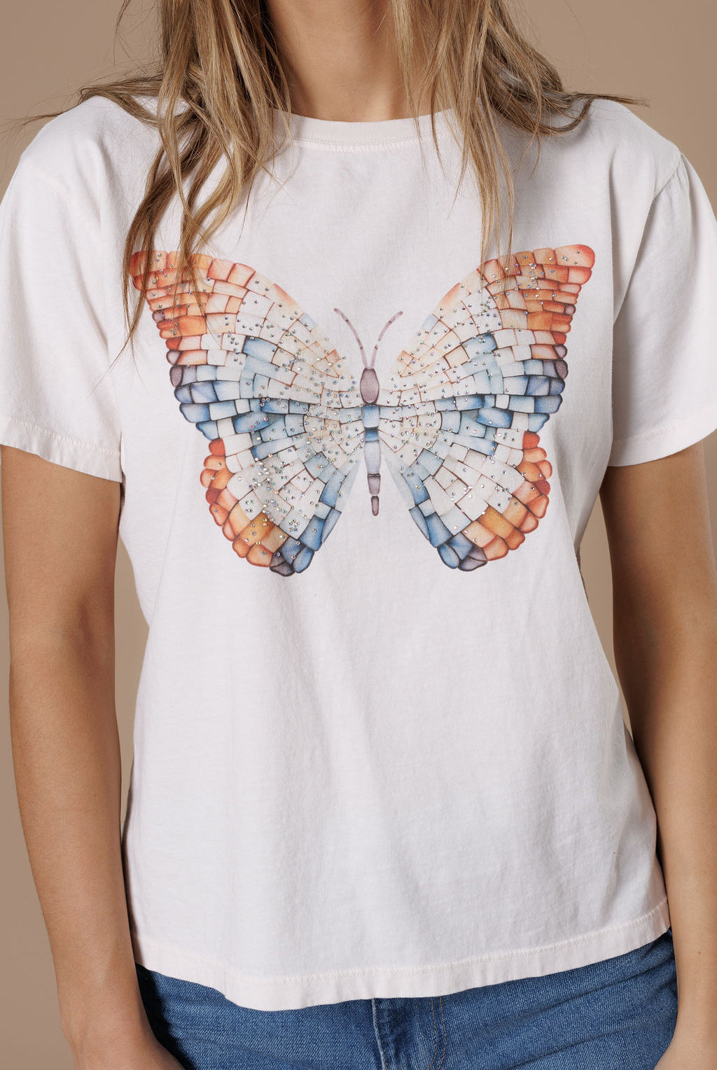 All Us Mosaic Butterfly Boy Tee A Cream Rhinestone Graphic T-Shirt-Tops-All Us-Deja Nu Boutique, Women's Fashion Boutique in Lampasas, Texas