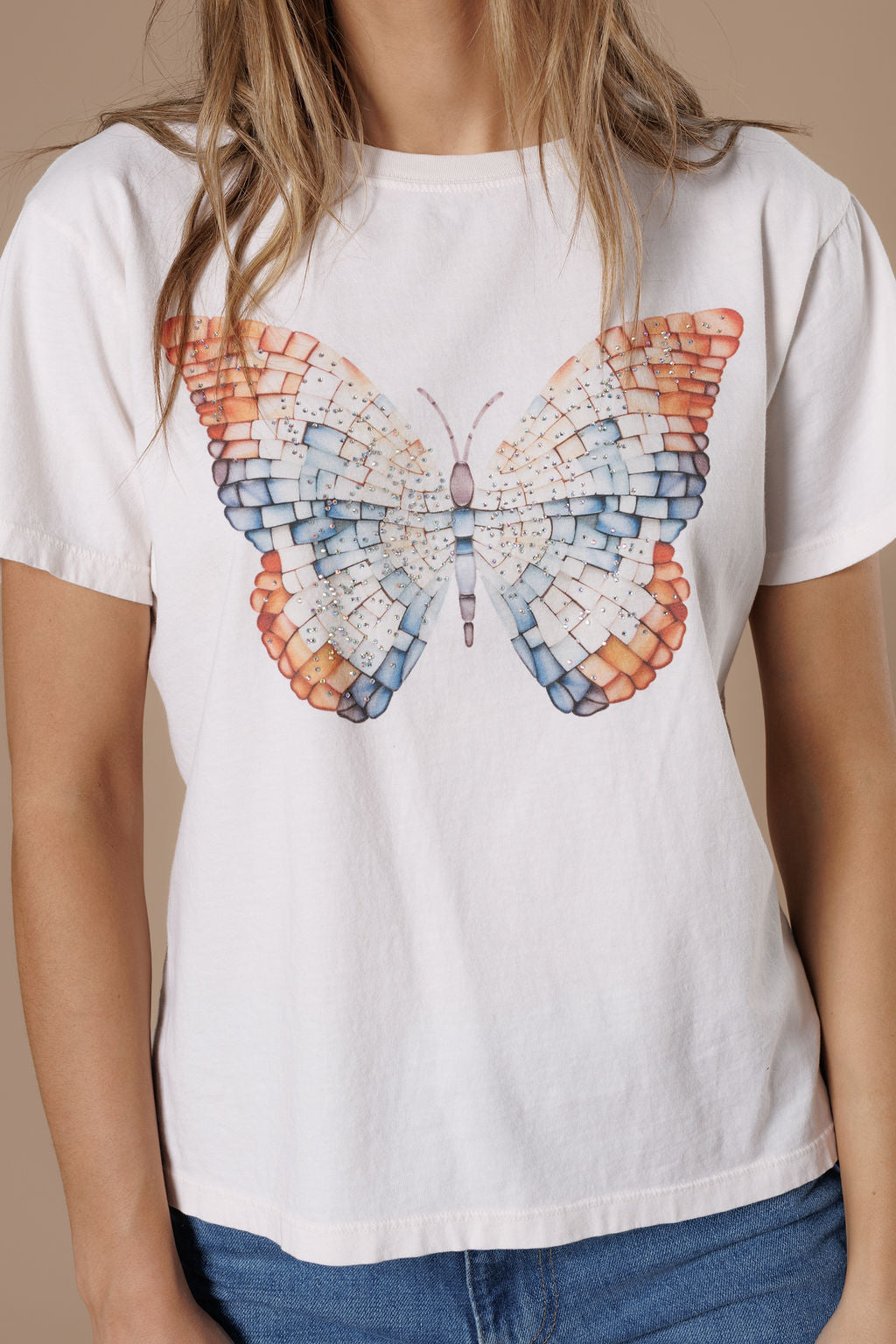 All Us Mosaic Butterfly Boy Tee A Cream Rhinestone Graphic T-Shirt-Tops-All Us-Deja Nu Boutique, Women's Fashion Boutique in Lampasas, Texas