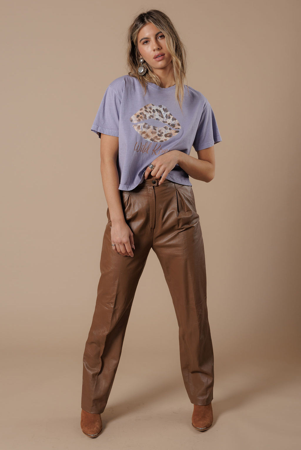 All Us Wild Kisses Wide Boy Tee in Lavender Rhinestone Leopard Lips Graphic-Tops-All Us-Deja Nu Boutique, Women's Fashion Boutique in Lampasas, Texas