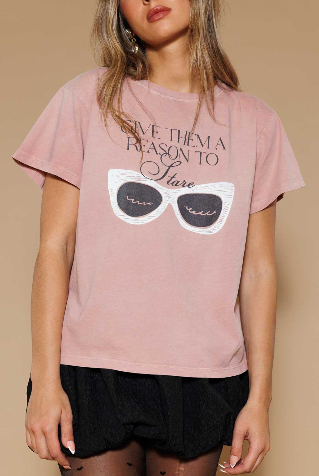 All Us “Give Them a Reason to Stare” Graphic Boyfriend Tee in Powder Pink-T-Shirts-All Us-Deja Nu Boutique, Women's Fashion Boutique in Lampasas, Texas