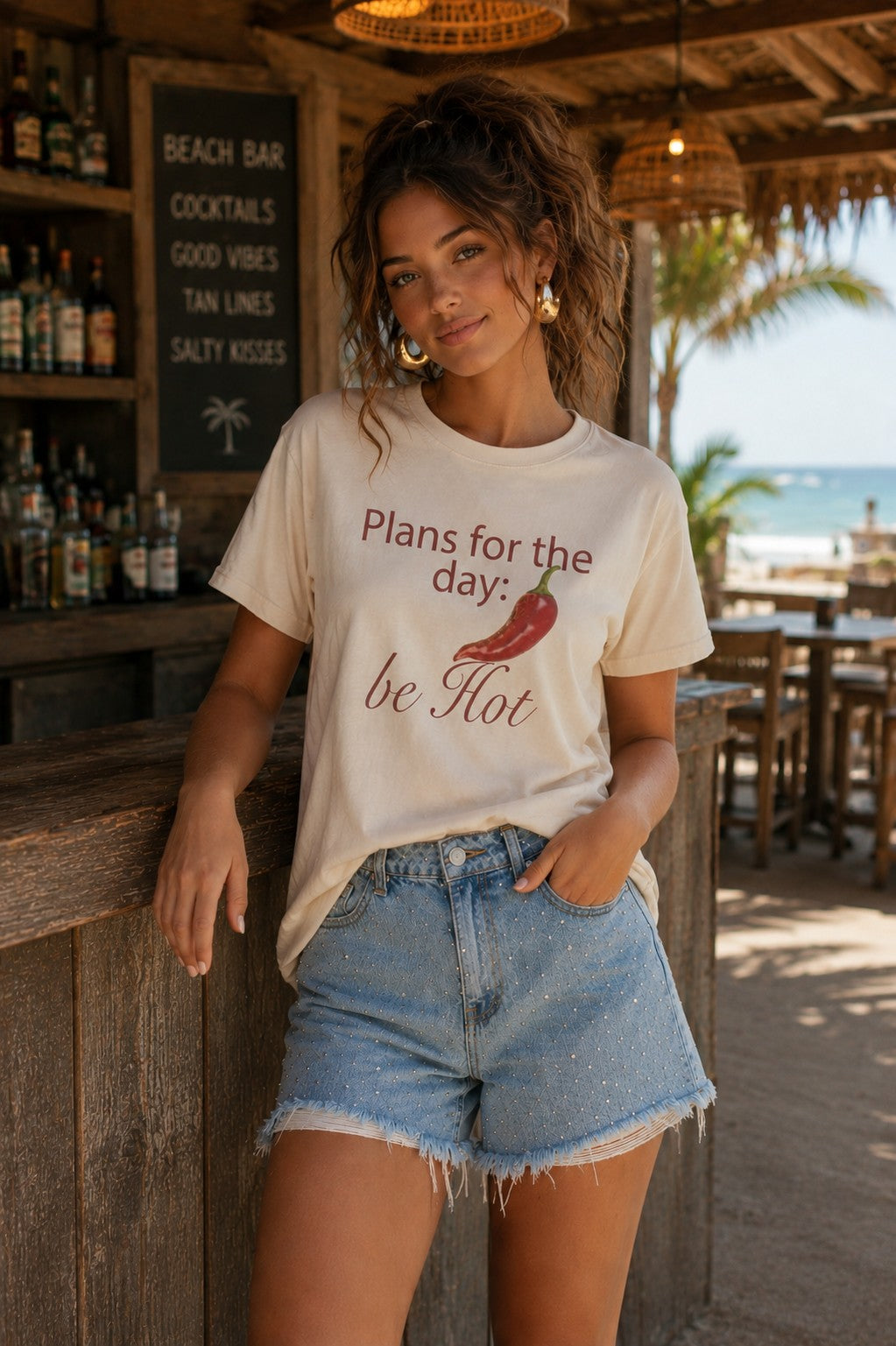 All Us “Be Hot” Rhinestone Natural Graphic Tee-Graphic Tees-All Us-Deja Nu Boutique, Women's Fashion Boutique in Lampasas, Texas
