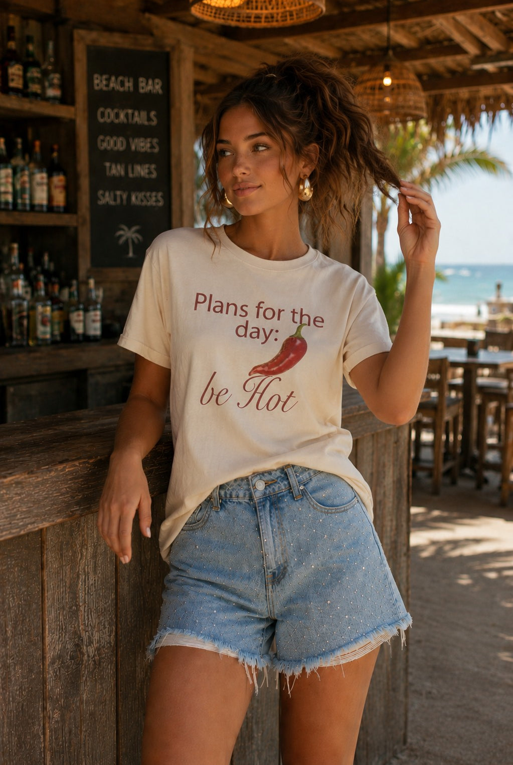 All Us “Be Hot” Rhinestone Natural Graphic Tee-Graphic Tees-All Us-Deja Nu Boutique, Women's Fashion Boutique in Lampasas, Texas