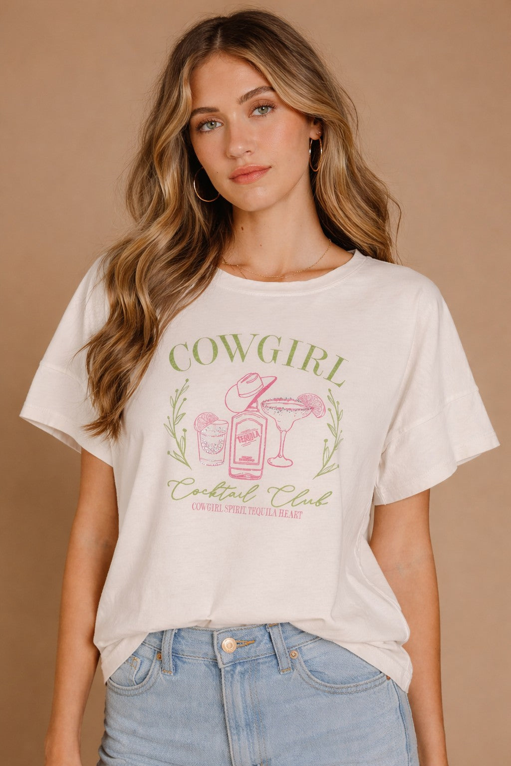 All Us Cowgirl Cocktail Club Rhinestone Hi-Low Tee in Natural-Graphic Tees-All Us-Deja Nu Boutique, Women's Fashion Boutique in Lampasas, Texas
