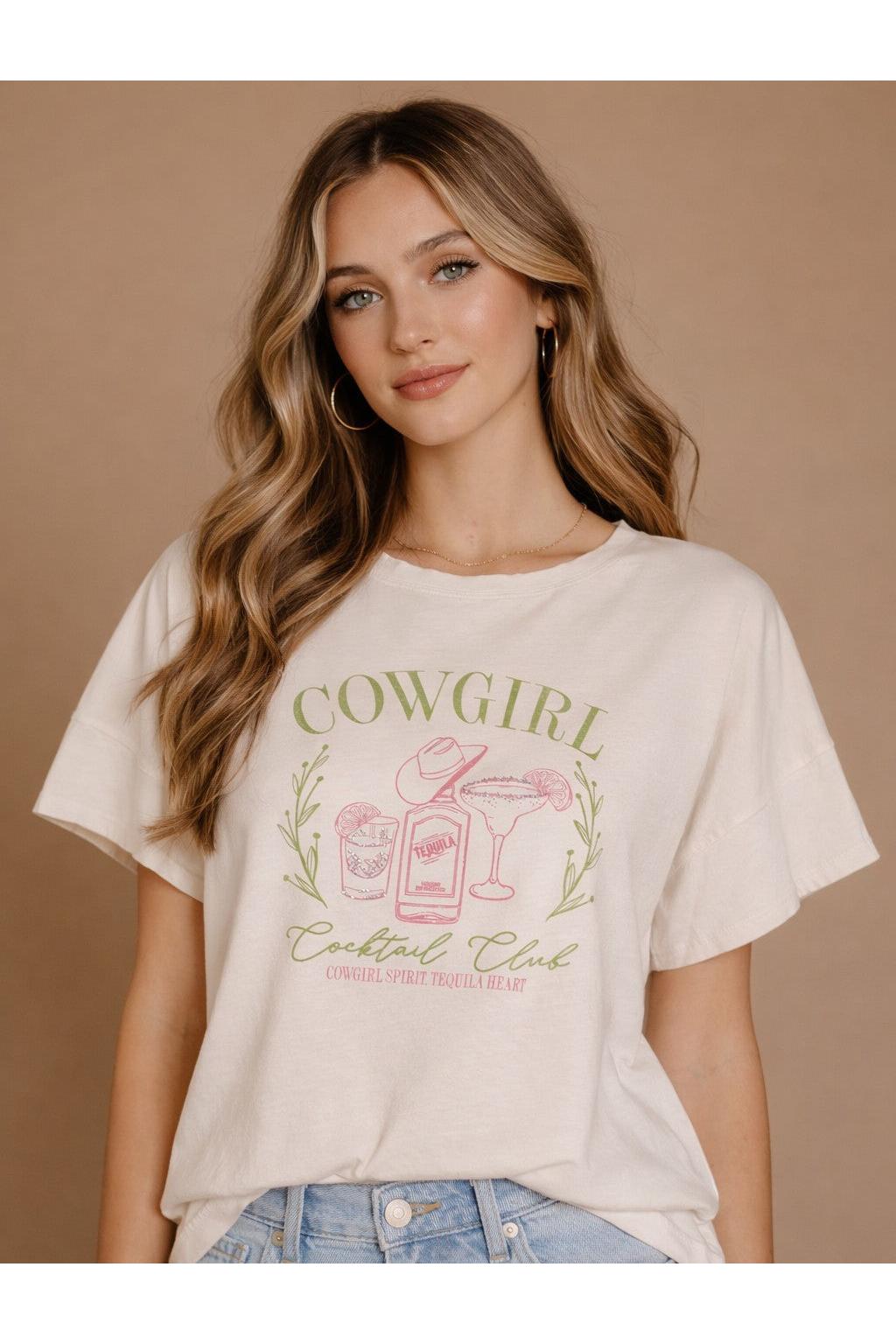 All Us Cowgirl Cocktail Club Rhinestone Hi-Low Tee in Natural-Graphic Tees-All Us-Deja Nu Boutique, Women's Fashion Boutique in Lampasas, Texas