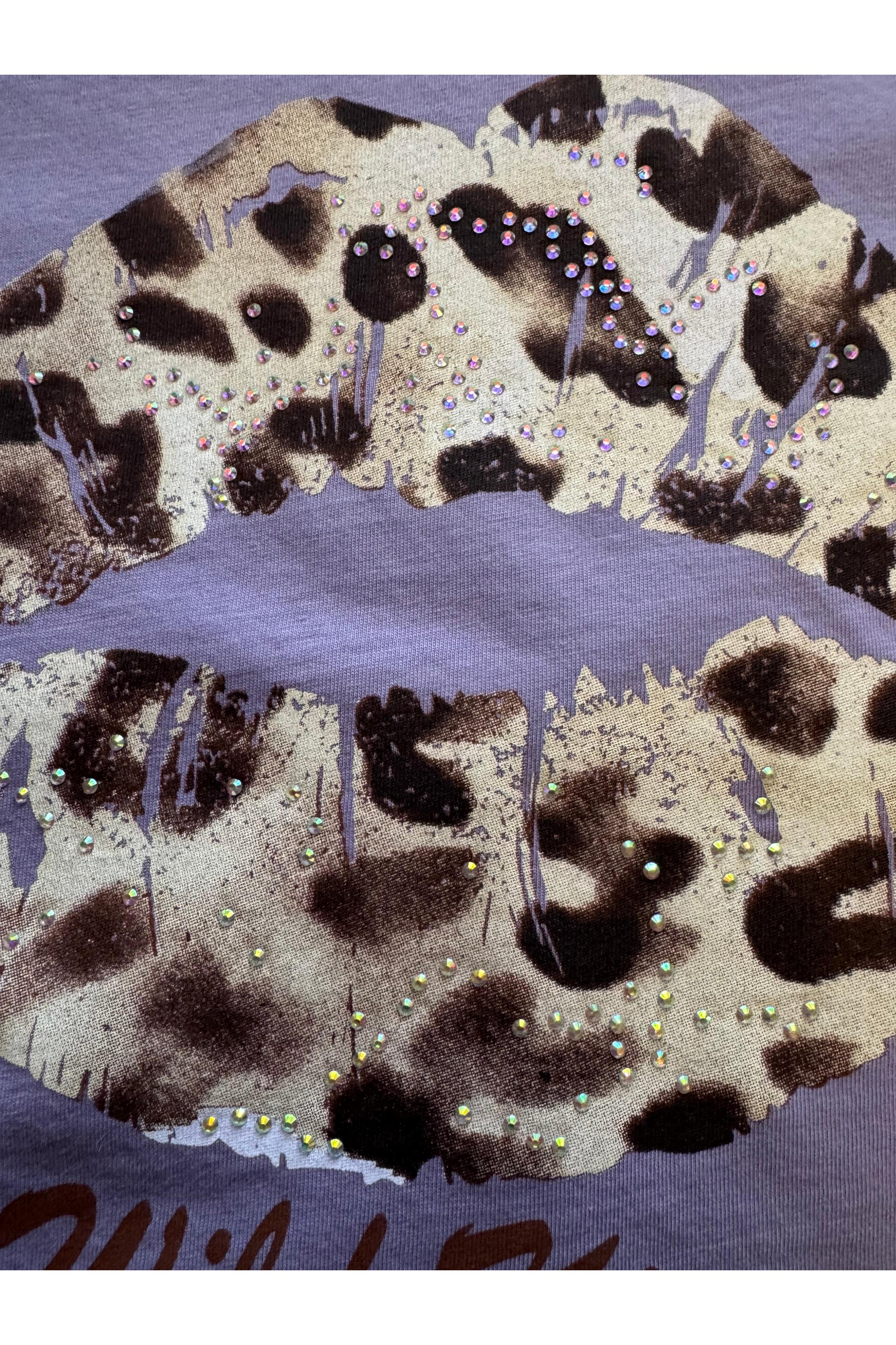 All Us Wild Kisses Wide Boy Tee in Lavender Rhinestone Leopard Lips Graphic-Tops-All Us-Deja Nu Boutique, Women's Fashion Boutique in Lampasas, Texas