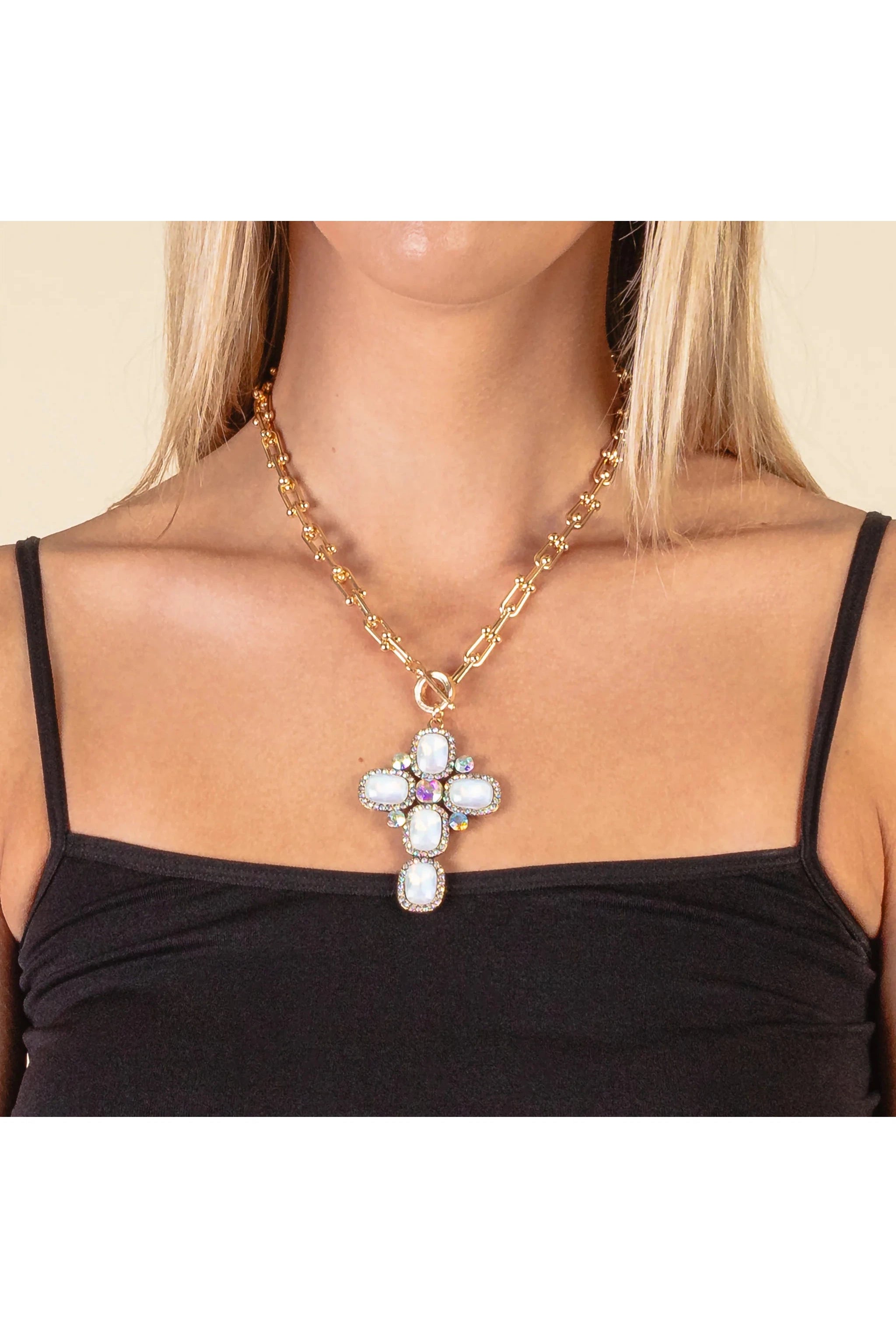 Amazing Grace Blue Crystal Cross Pendant Necklace With AB Rhinestones-Necklaces-Deja Nu-Deja Nu Boutique, Women's Fashion Boutique in Lampasas, Texas