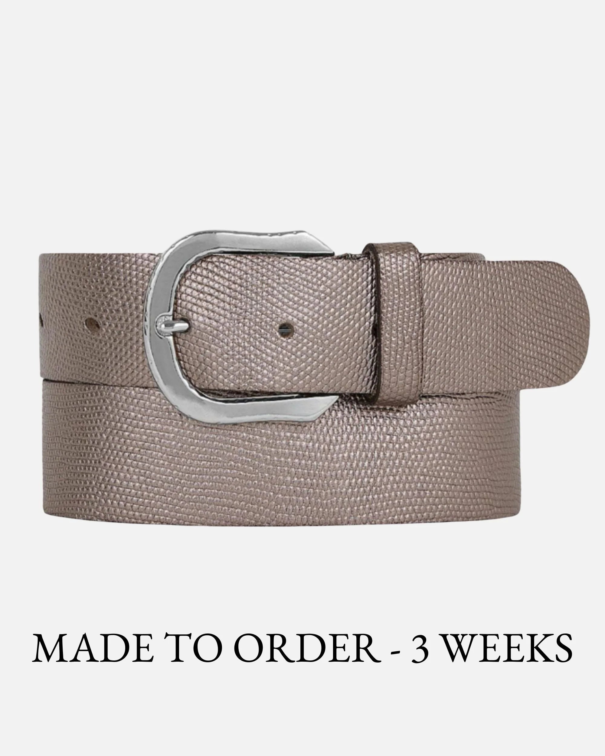 Amsterdam Heritage Dana Platinum Metallic Iguana Textured Leather Belt-Belts-Amsterdam Heritage-Deja Nu Boutique, Women's Fashion Boutique in Lampasas, Texas