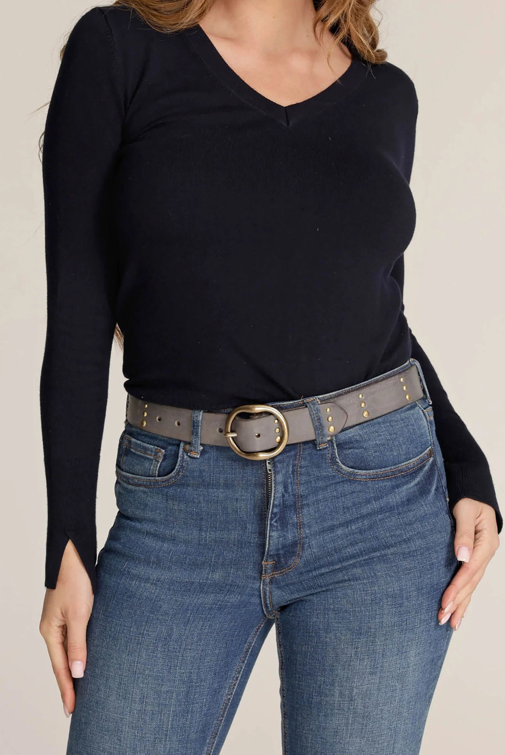 Amsterdam Heritage Dion Light Grey Round Buckle Leather Studded Belt-Belts-Amsterdam Heritage-Deja Nu Boutique, Women's Fashion Boutique in Lampasas, Texas