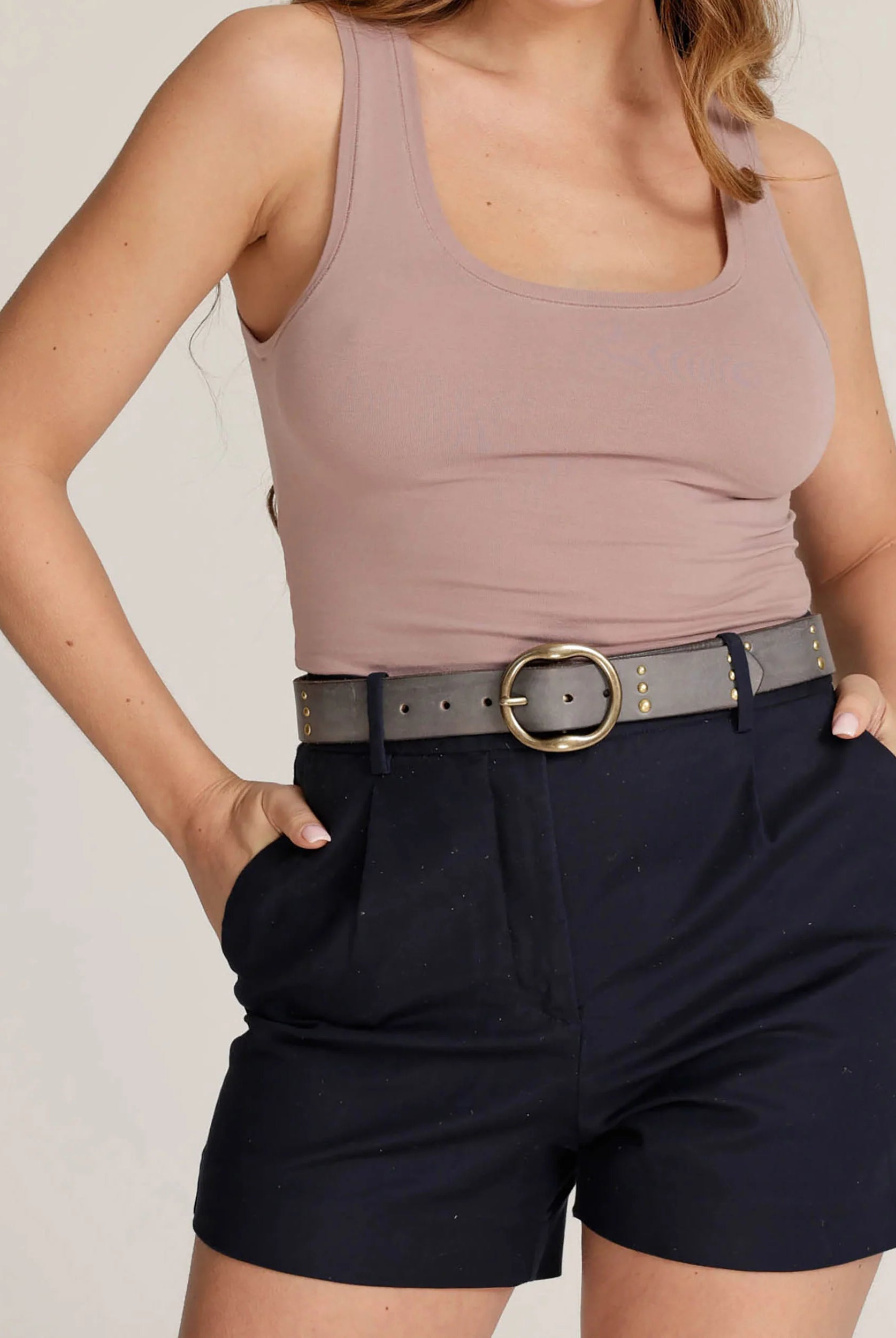 Amsterdam Heritage Dion Light Grey Round Buckle Leather Studded Belt-Belts-Amsterdam Heritage-Deja Nu Boutique, Women's Fashion Boutique in Lampasas, Texas