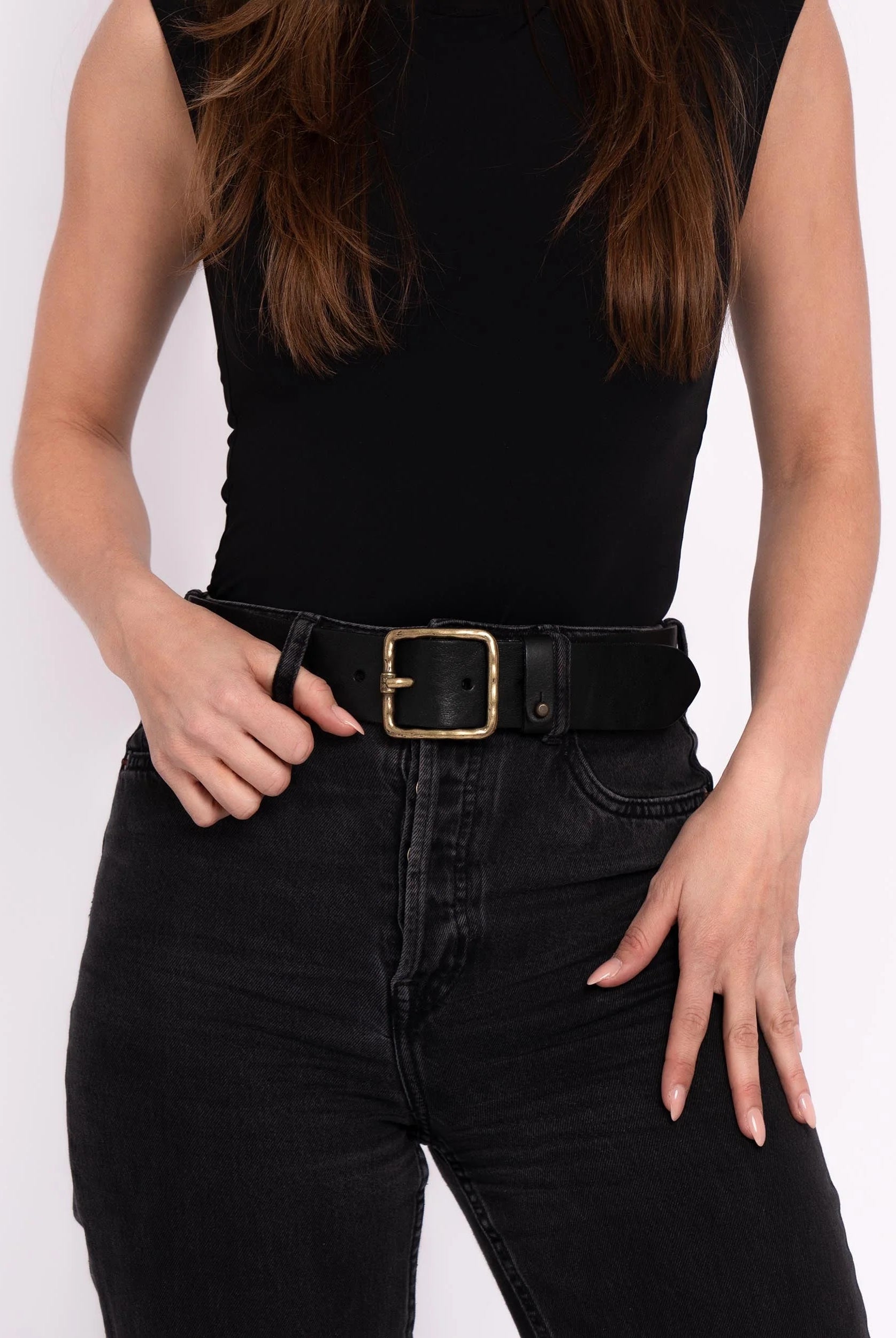 Amsterdam Heritage Kaya Black Vintage Gold Square Buckle Leather Belt-Belts-Amsterdam Heritage-Deja Nu Boutique, Women's Fashion Boutique in Lampasas, Texas