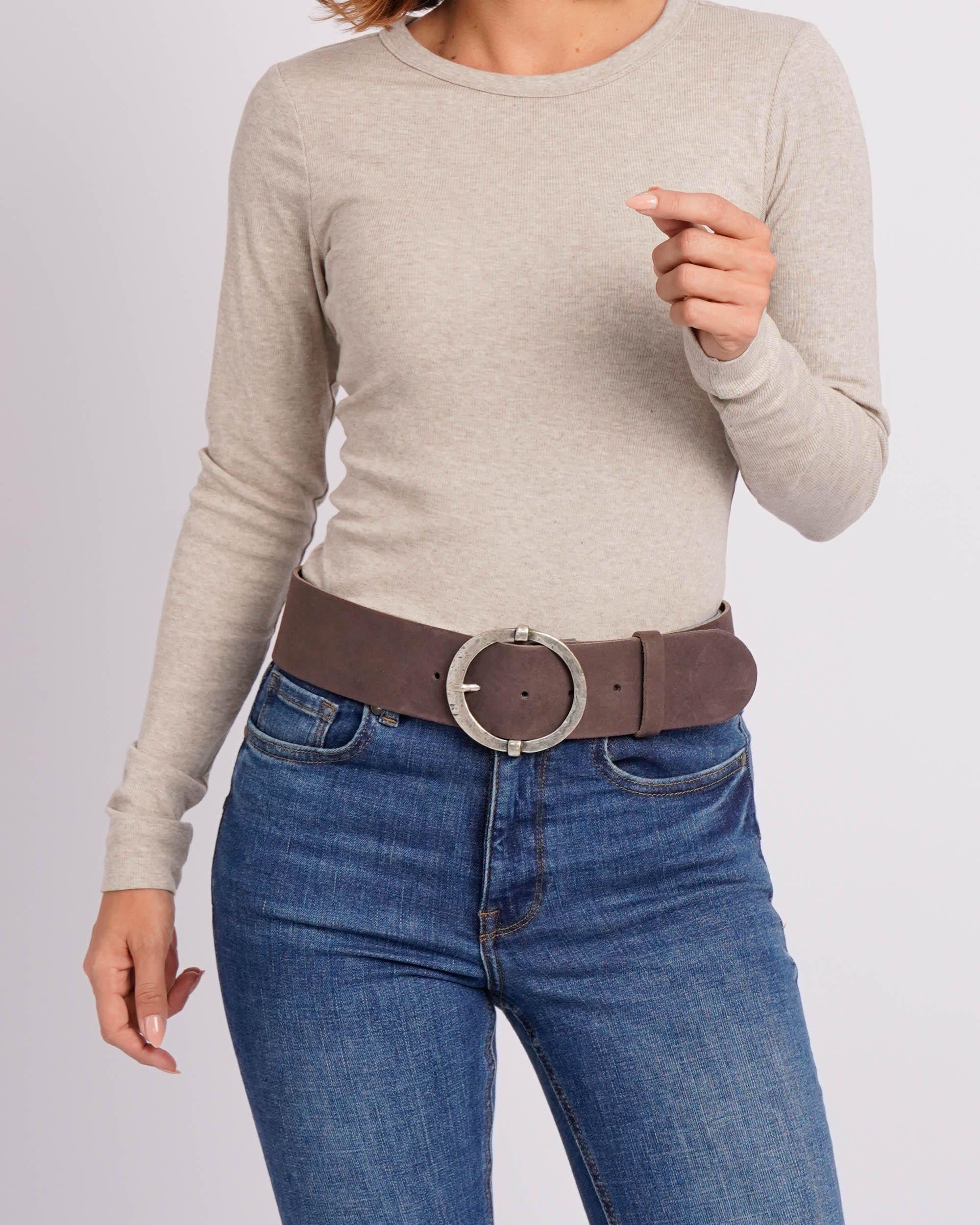 Amsterdam Heritage Lean Brown Luxe Leather Belt with Round Vintage Buckle-Belts-Amsterdam Heritage-Deja Nu Boutique, Women's Fashion Boutique in Lampasas, Texas
