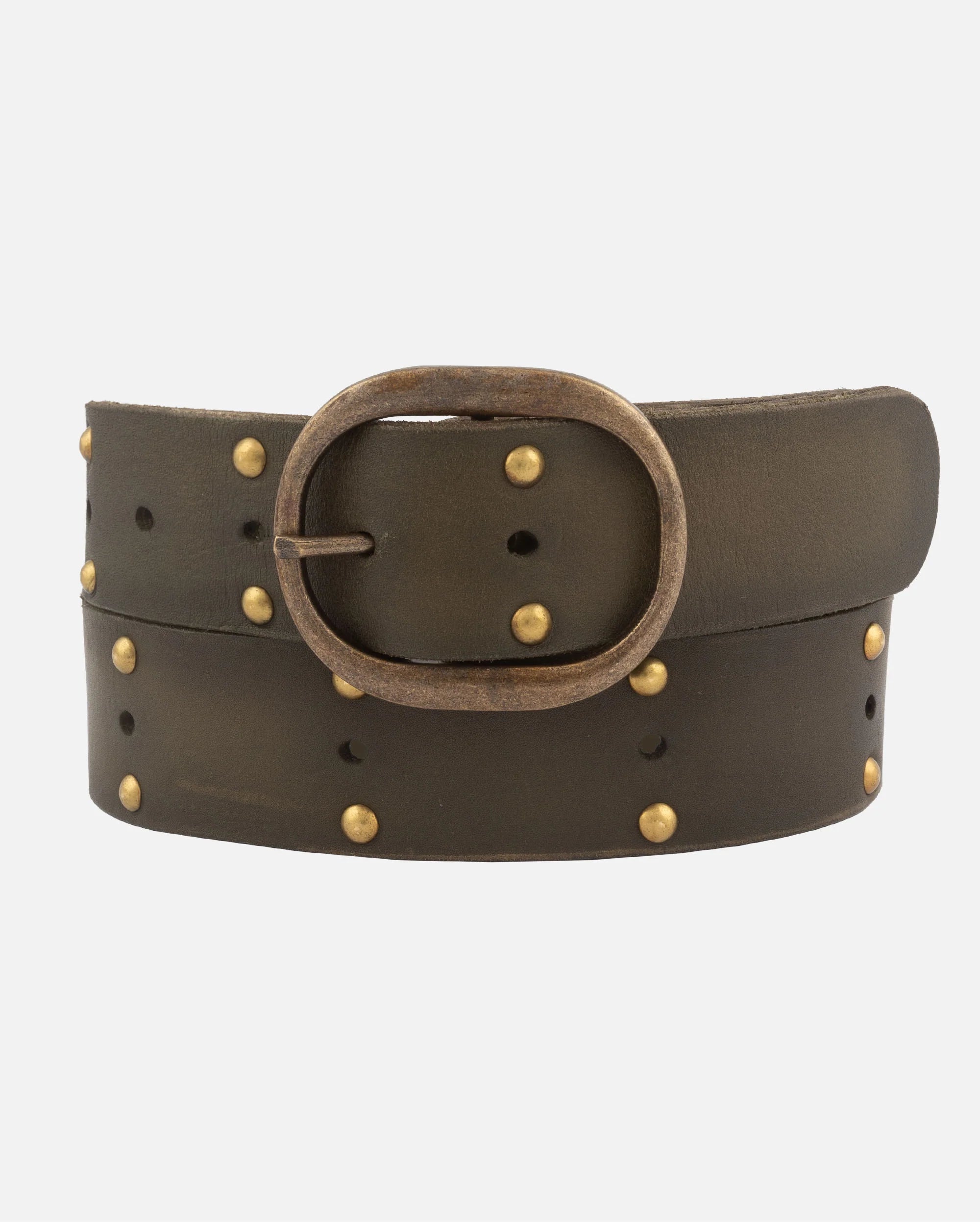Amsterdam Heritage Olive Devi Antique Brass-Accented Leather Belt-Belts-Amsterdam Heritage-Deja Nu Boutique, Women's Fashion Boutique in Lampasas, Texas