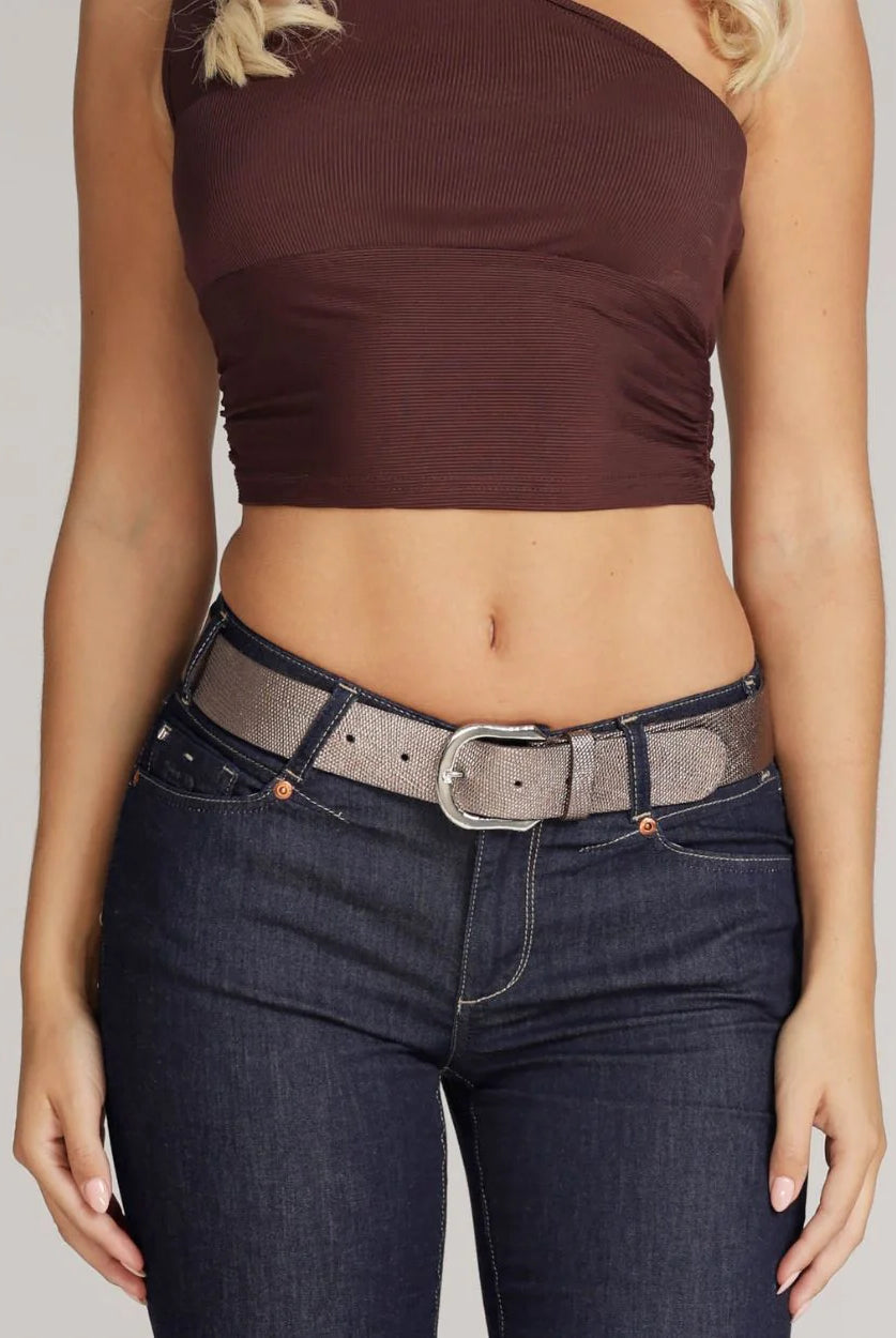 Amsterdam Heritage Dana Platinum Metallic Iguana Textured Leather Belt-Belts-Amsterdam Heritage-Deja Nu Boutique, Women's Fashion Boutique in Lampasas, Texas