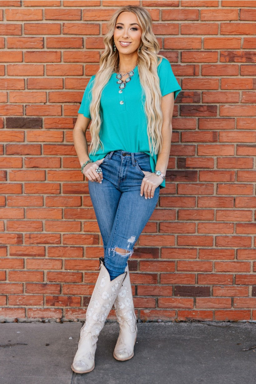 Andree by Morgan Nicole Ribbed Button Detail Tee in Emerald-Tops-Andree By Unit-Deja Nu Boutique, Women's Fashion Boutique in Lampasas, Texas