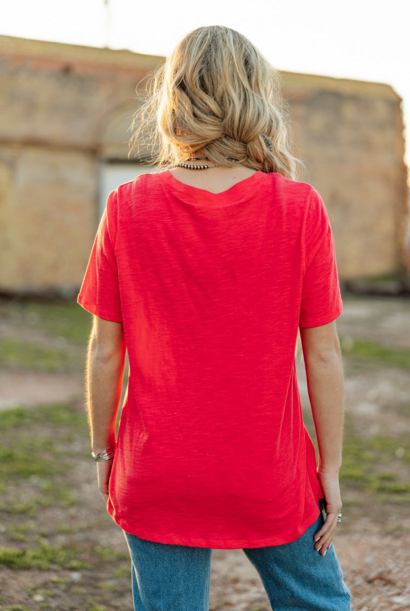 Andree by Morgan Nicole V-Neck Cotton Tee – Hot Coral-Tops-Andree By Unit-Deja Nu Boutique, Women's Fashion Boutique in Lampasas, Texas