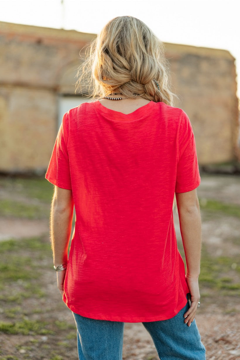 Andree by Morgan Nicole V-Neck Cotton Tee – Hot Coral-Tops-Andree By Unit-Deja Nu Boutique, Women's Fashion Boutique in Lampasas, Texas