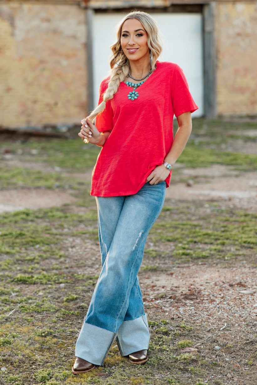 Andree by Morgan Nicole V-Neck Cotton Tee – Hot Coral-Tops-Andree By Unit-Deja Nu Boutique, Women's Fashion Boutique in Lampasas, Texas