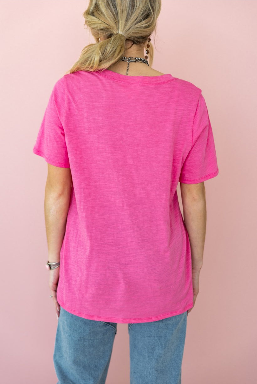 Andree by Morgan Nicole V-Neck Cotton Tee – Hot Pink-Tops-Andree By Unit-Deja Nu Boutique, Women's Fashion Boutique in Lampasas, Texas