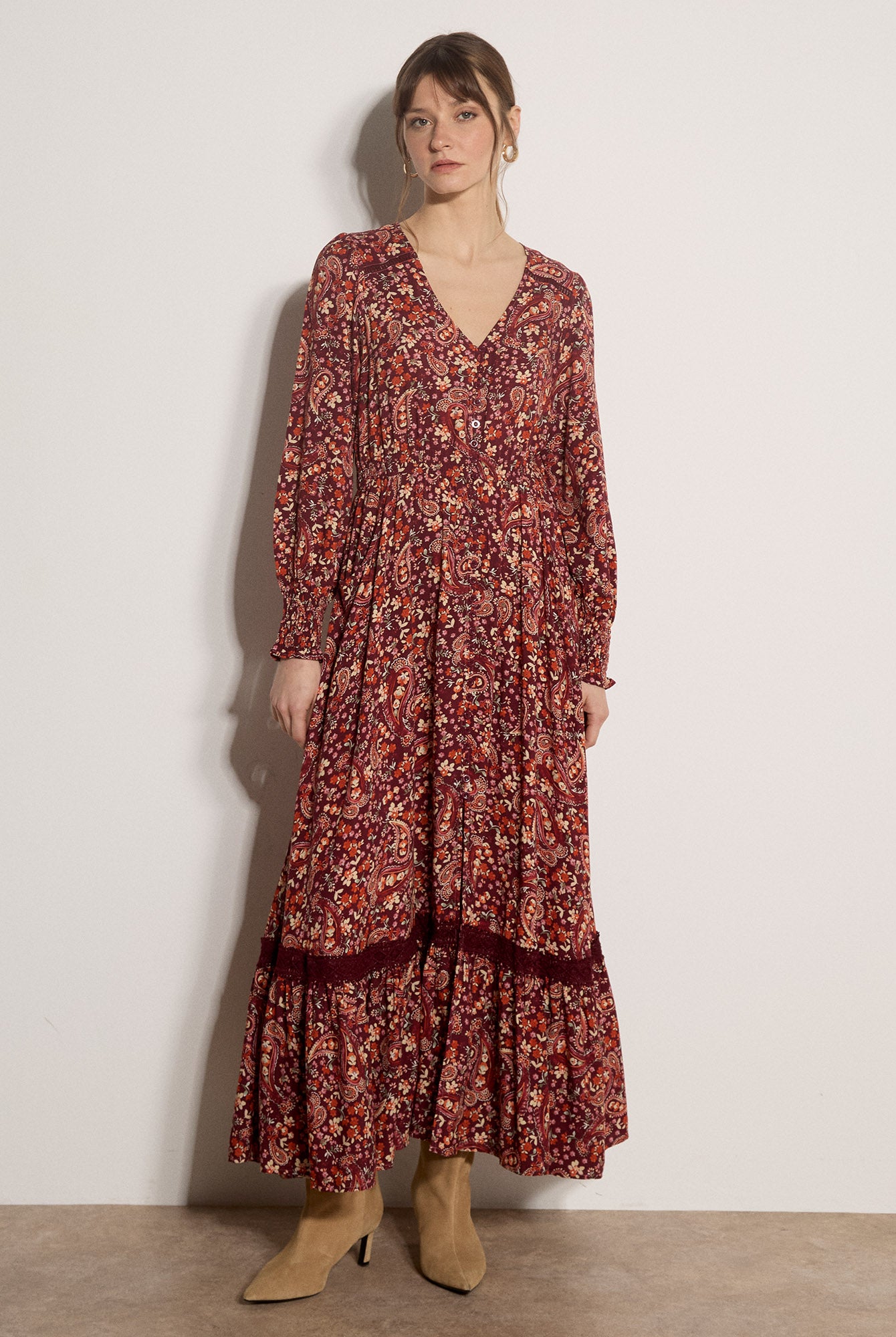Apricot Painterly Paisley Crochet Insert Maxi Dress in Burgundy-Maxi Dresses-Apricot-Deja Nu Boutique, Women's Fashion Boutique in Lampasas, Texas