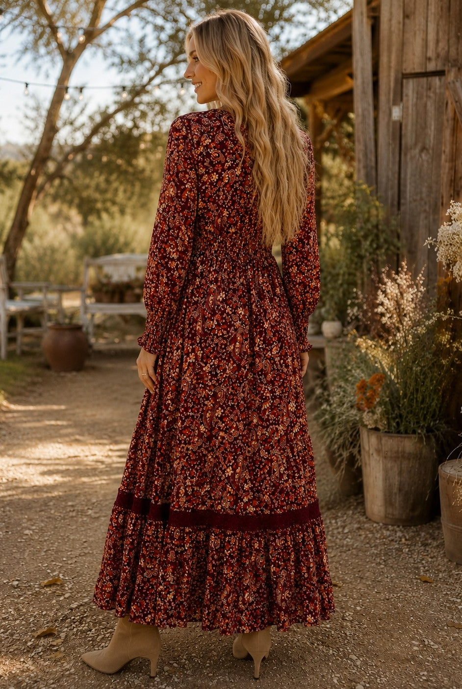 Apricot Painterly Paisley Crochet Insert Maxi Dress in Burgundy-Maxi Dresses-Apricot-Deja Nu Boutique, Women's Fashion Boutique in Lampasas, Texas